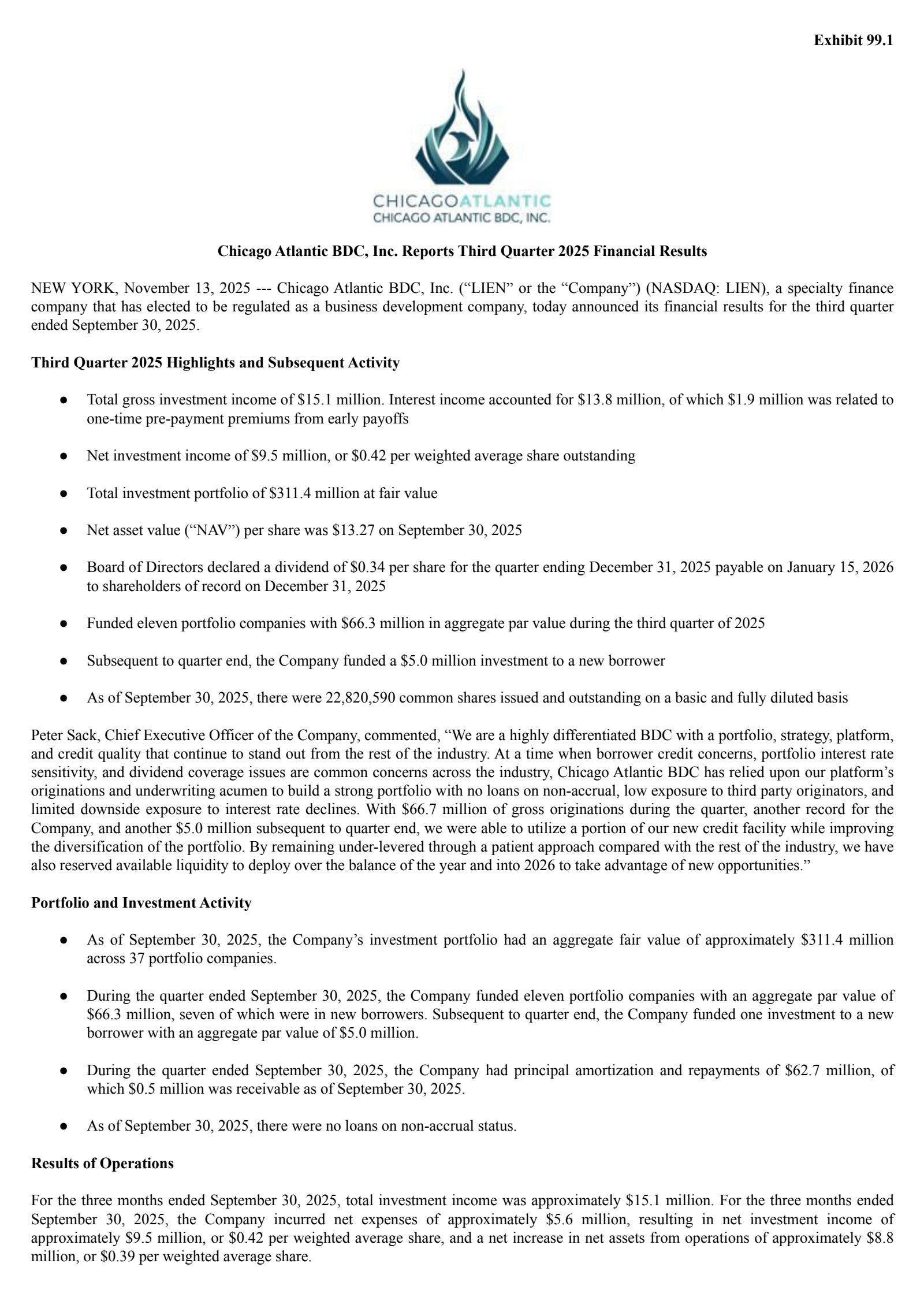 Chicago Atlantic BDC's Q3 2025 Earnings Release