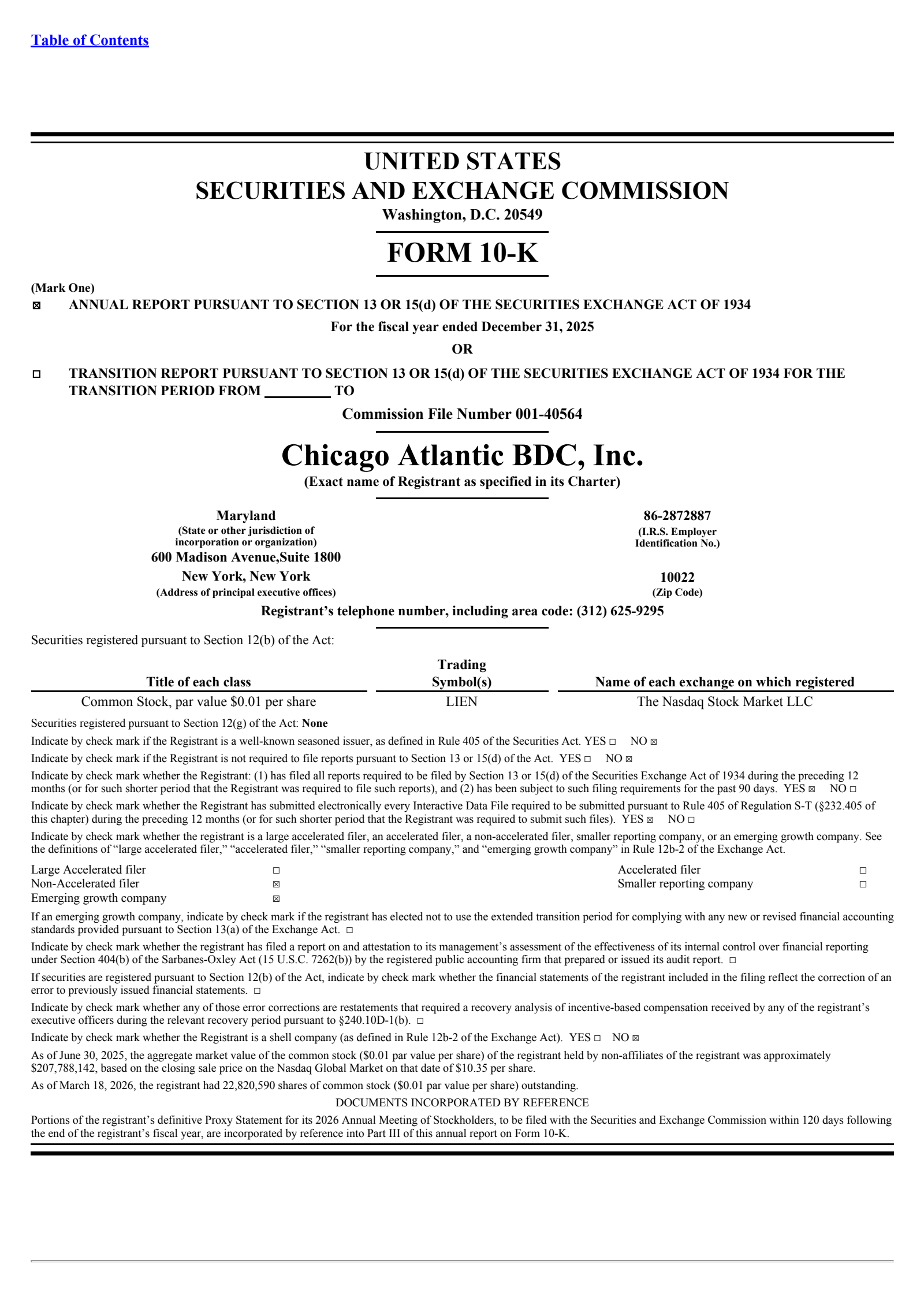 Chicago Atlantic BDC's Q4 2025 Annual report