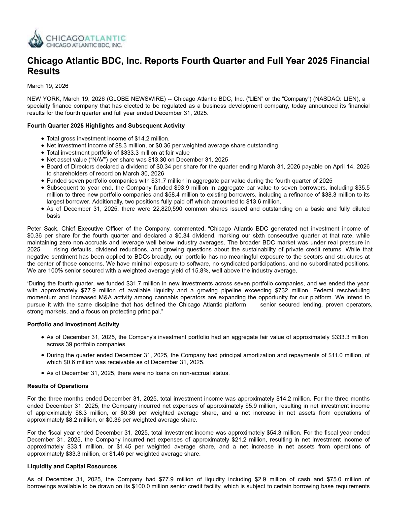 Chicago Atlantic BDC's Q4 2025 Press Release