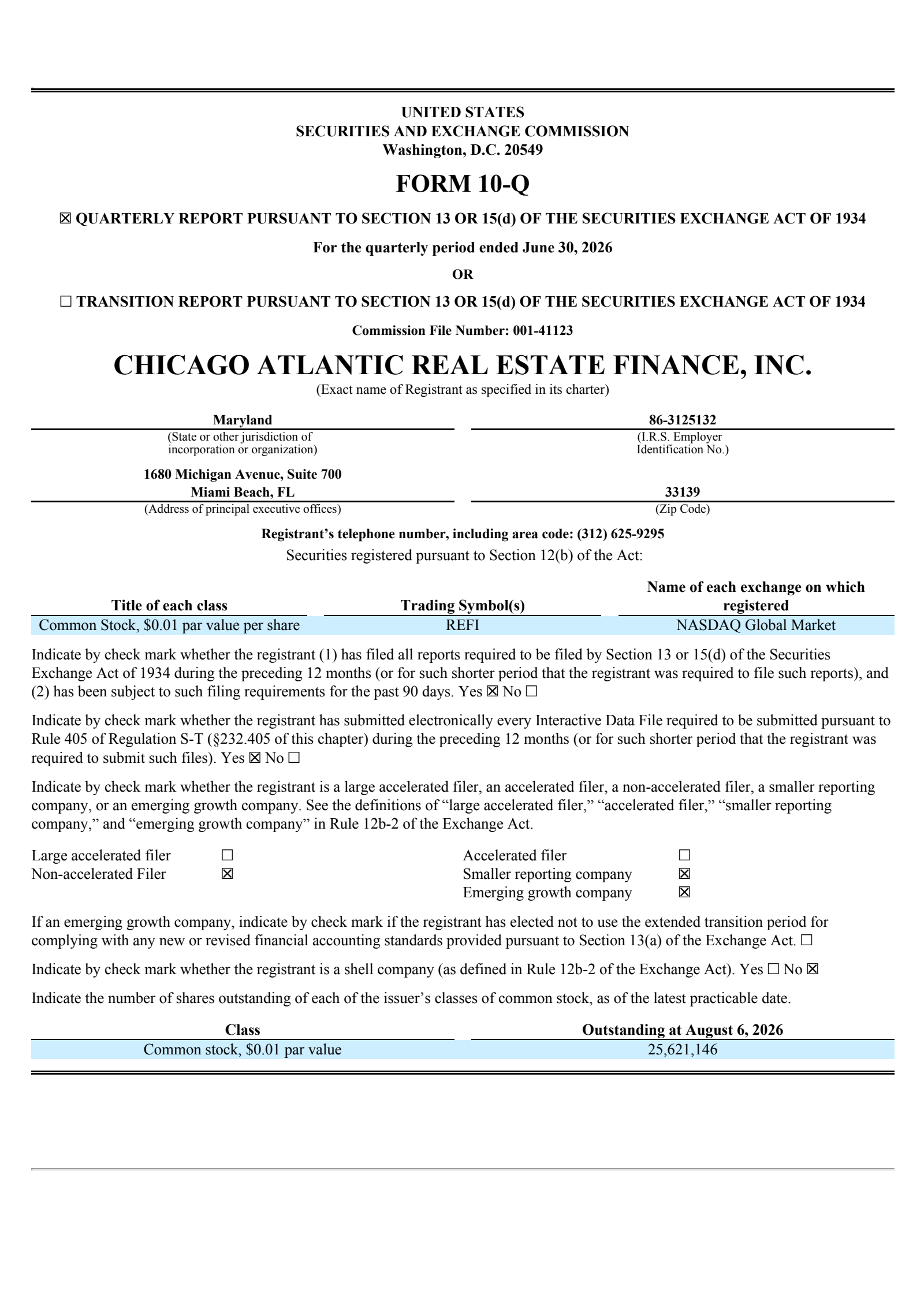 Chicago Atlantic Real Estate Finance's Q2 2026 Quarterly report