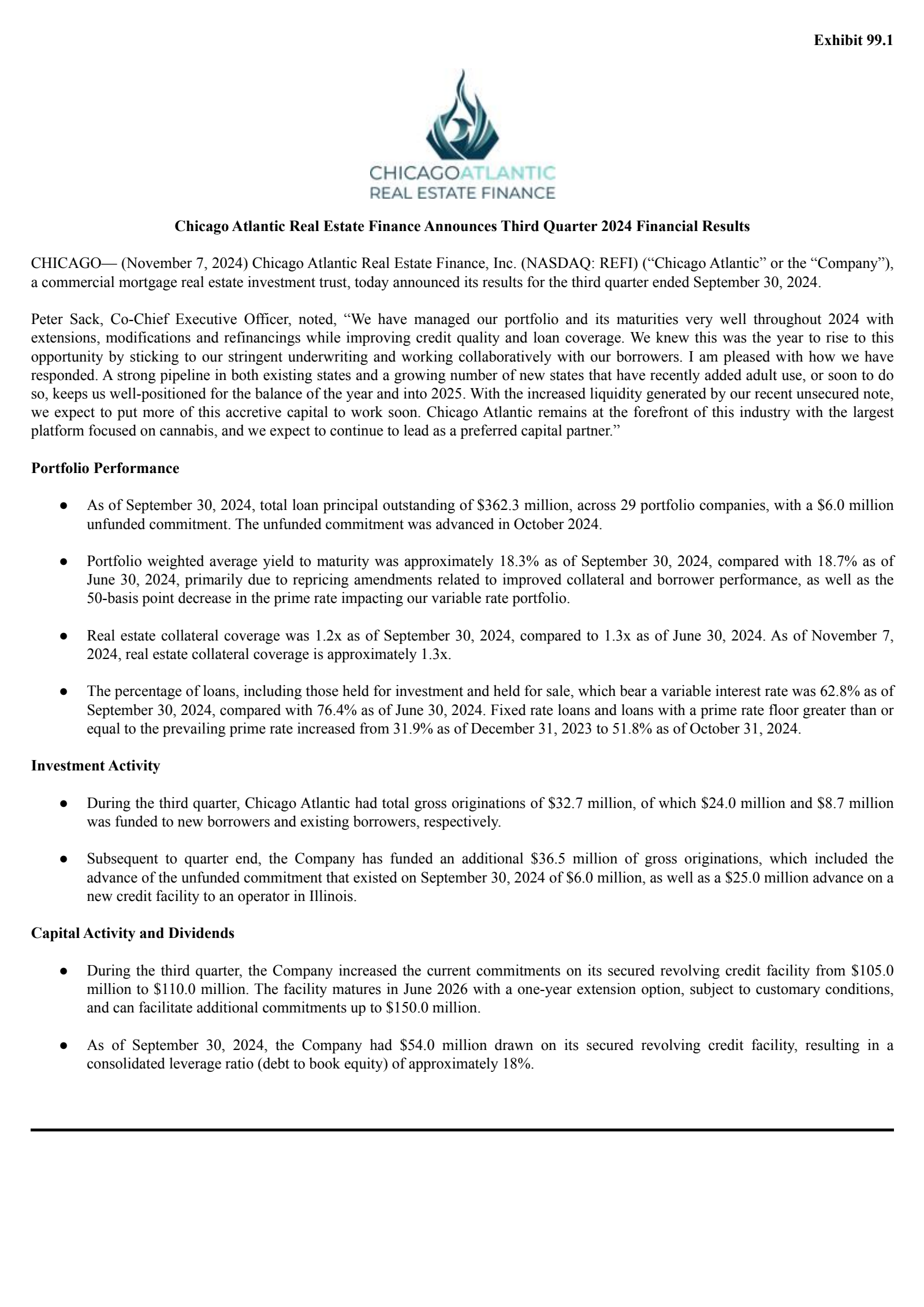Chicago Atlantic Real Estate Finance's Q3 2024 Press Release