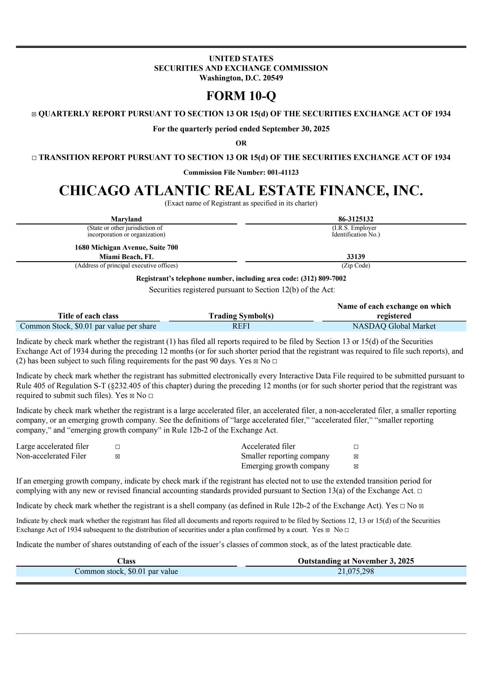 Chicago Atlantic Real Estate Finance's Q3 2025 Quarterly Report