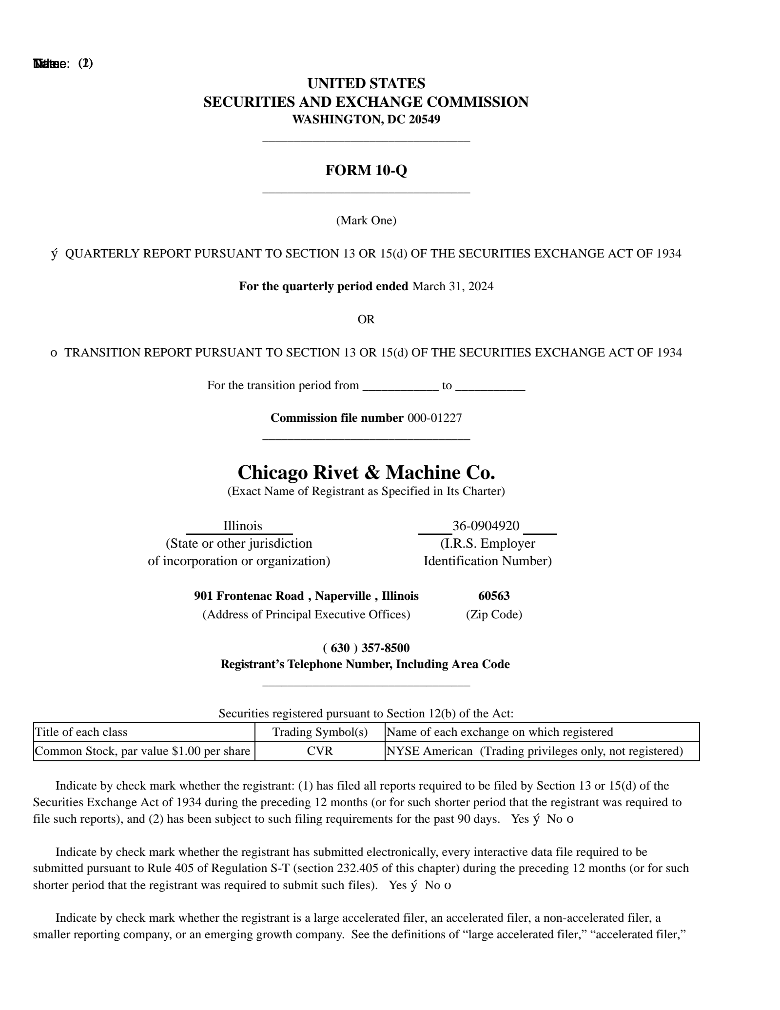 Chicago Rivet & Machine's Q1 2024 Quarterly Report