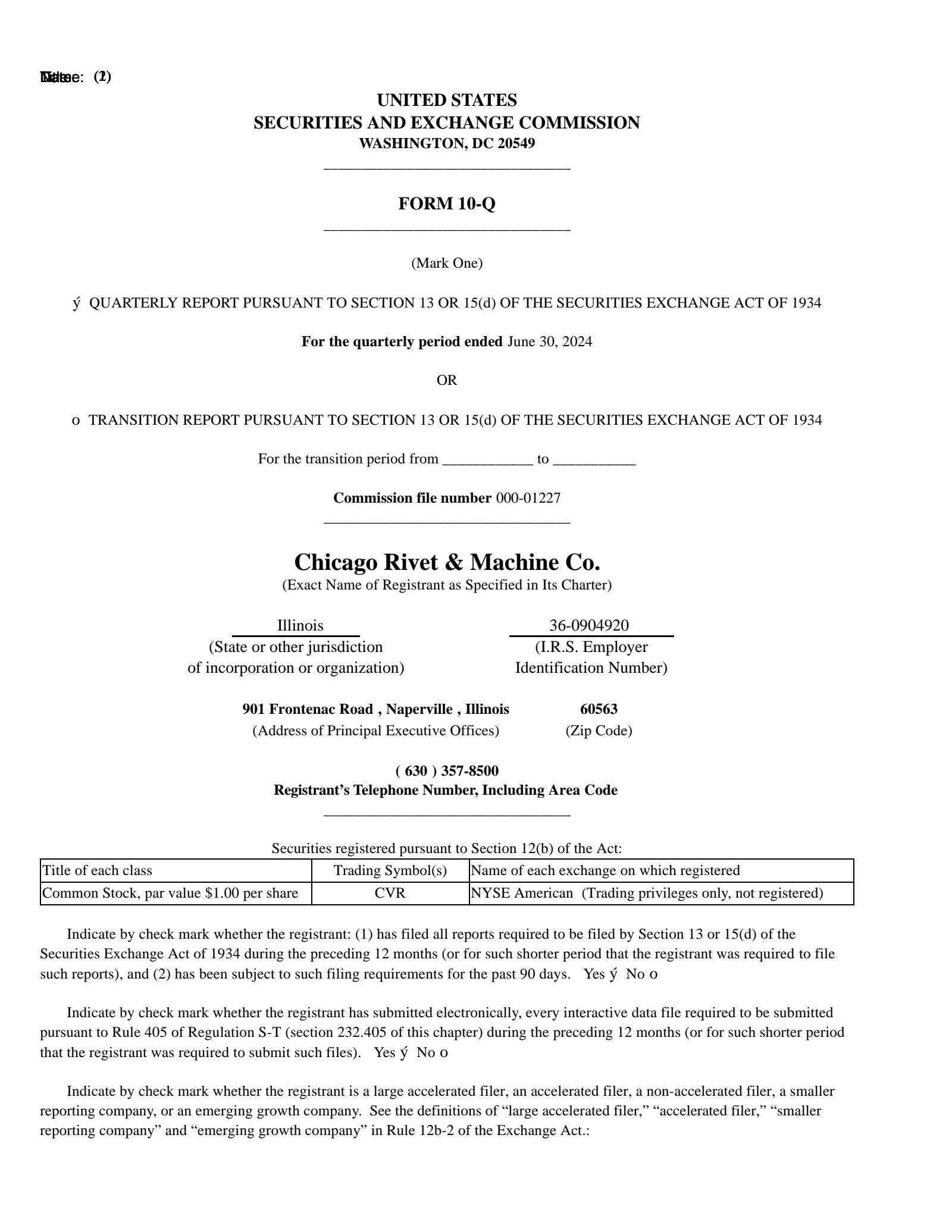 Chicago Rivet & Machine's Q2 2024 Quarterly Report