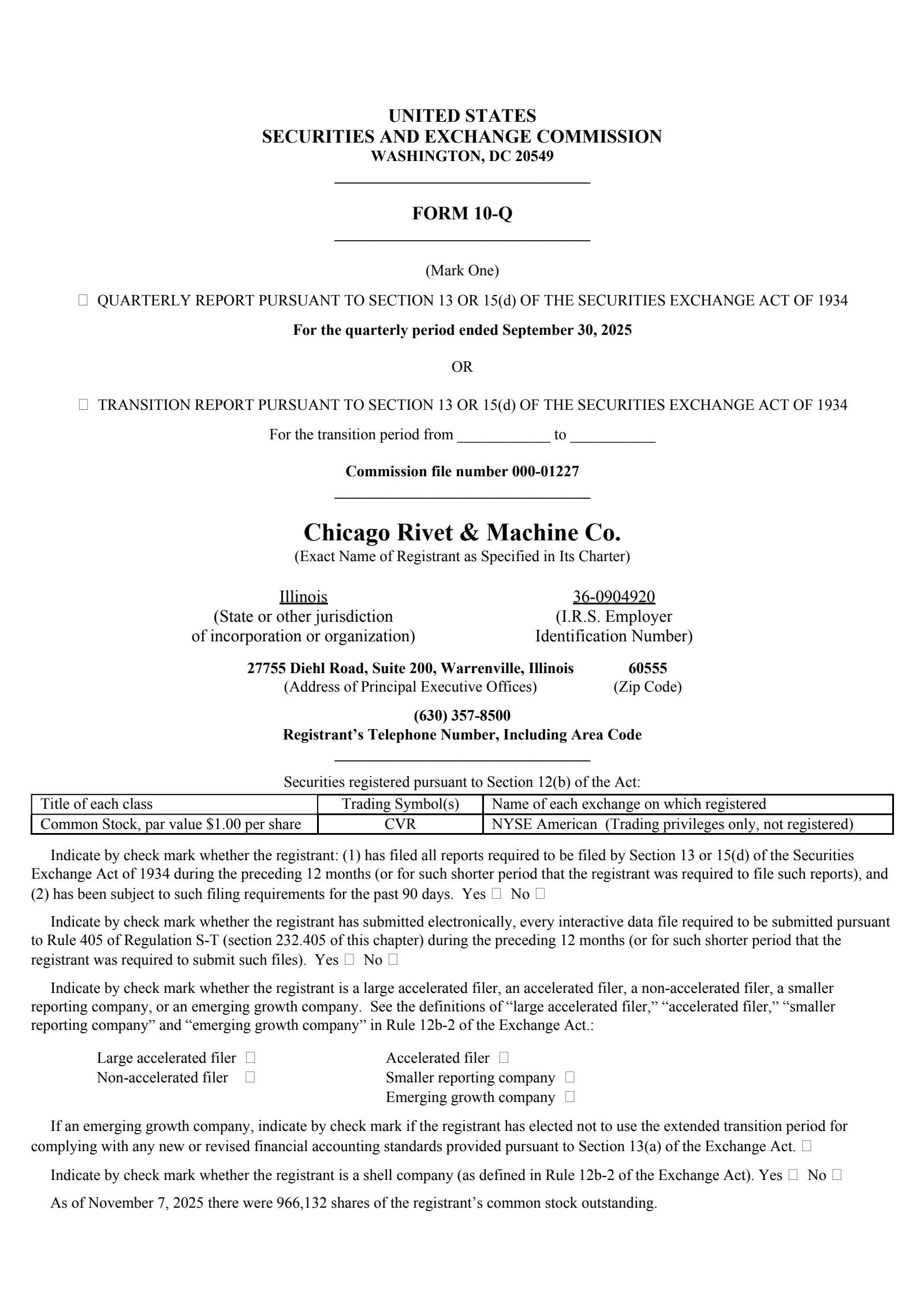 Chicago Rivet & Machine's Q3 2025 Quarterly Report