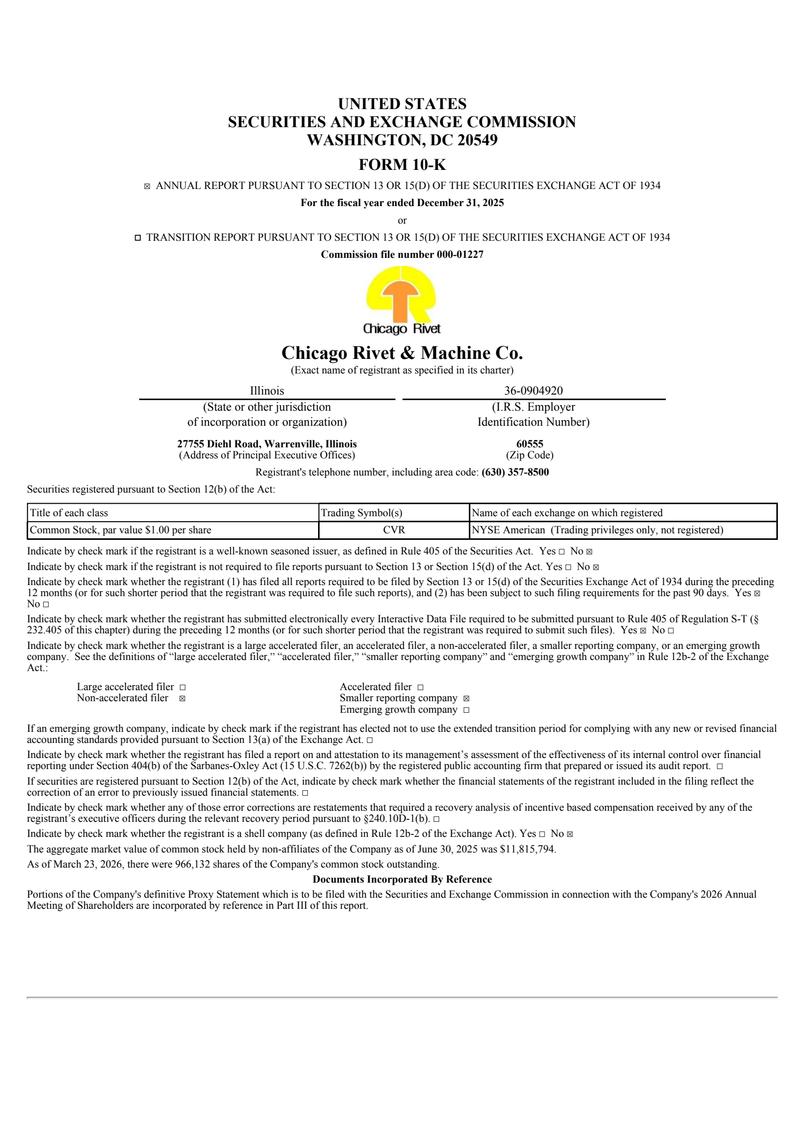 Chicago Rivet & Machine's Q4 2025 Annual report