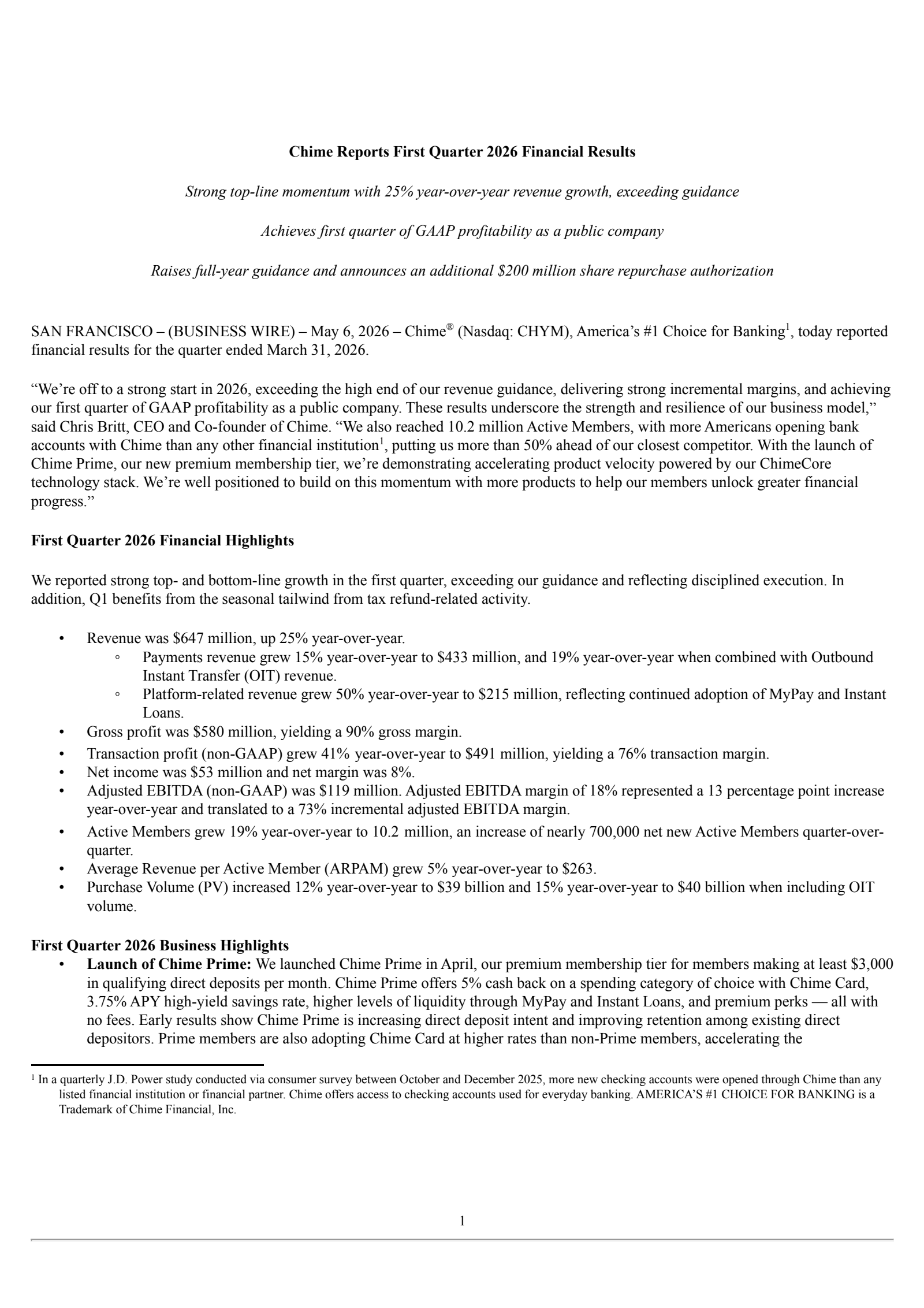 Chime Financial's Q1 2026 Press Release
