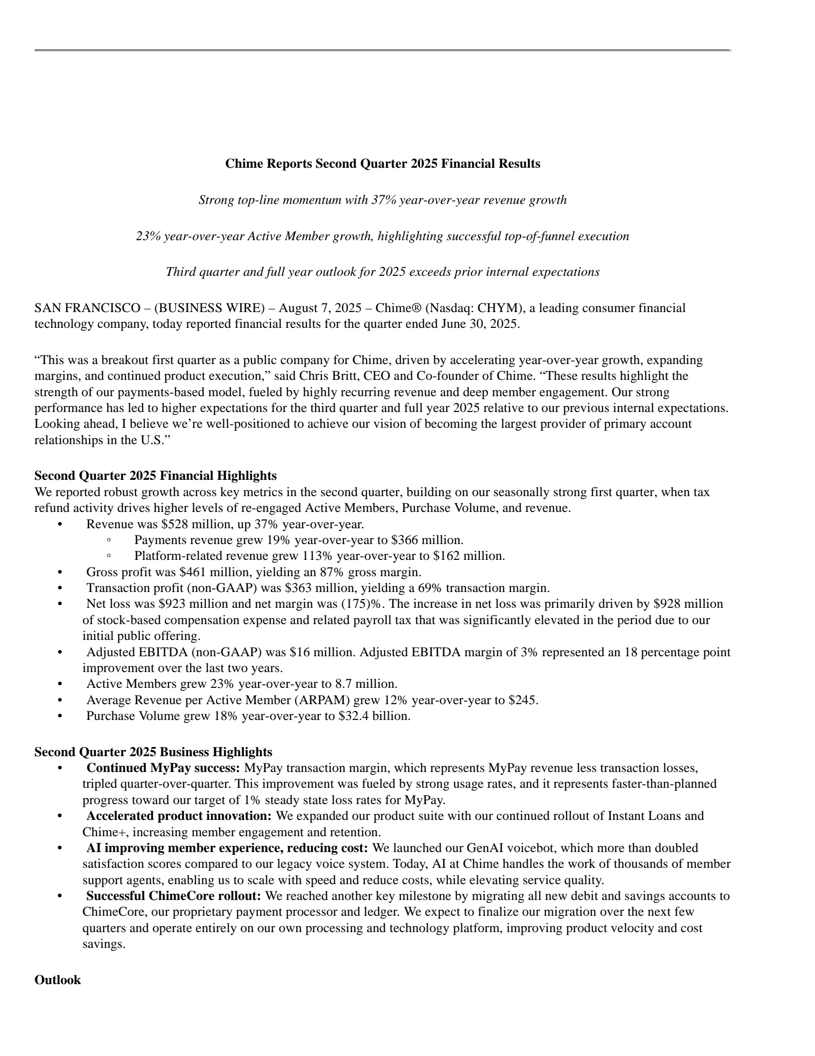 Chime Financial's Q2 2025 Press Release
