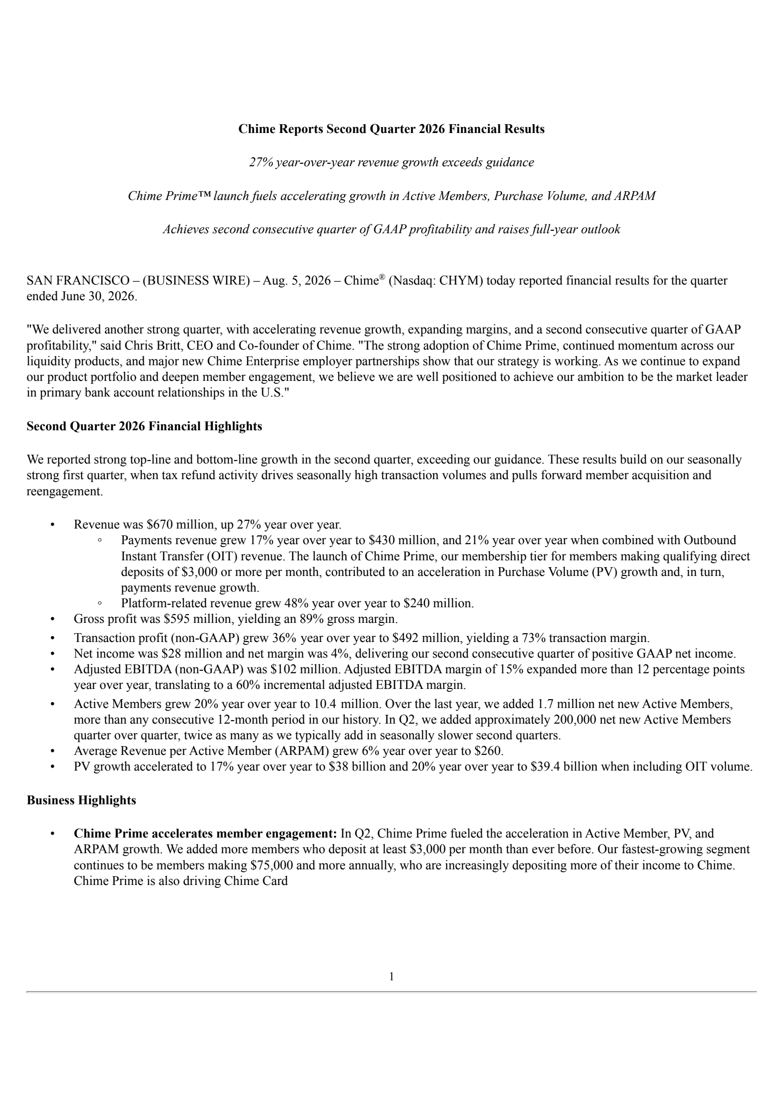 Chime Financial's Q2 2026 Press Release