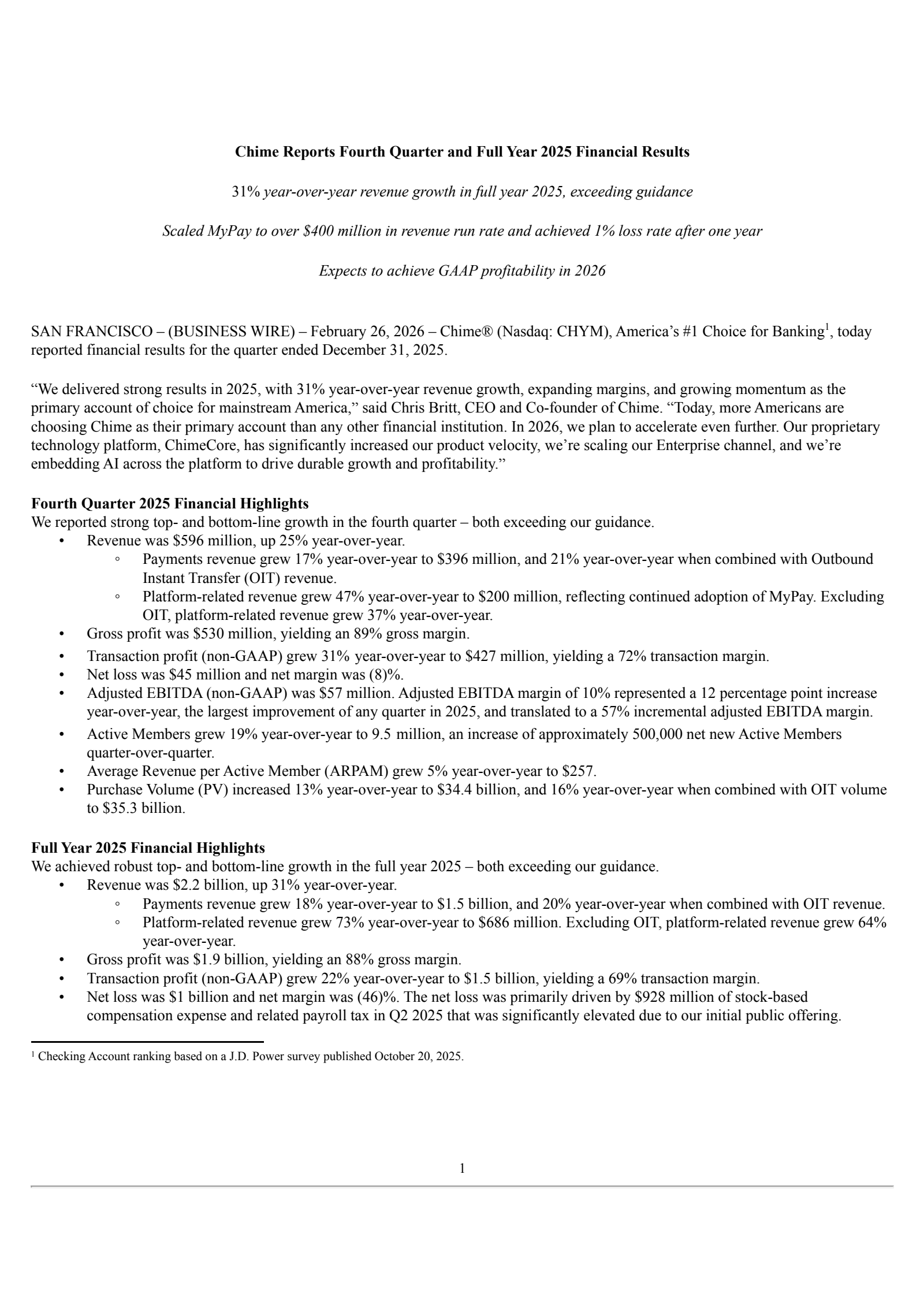 Chime Financial's Q4 2025 Press Release