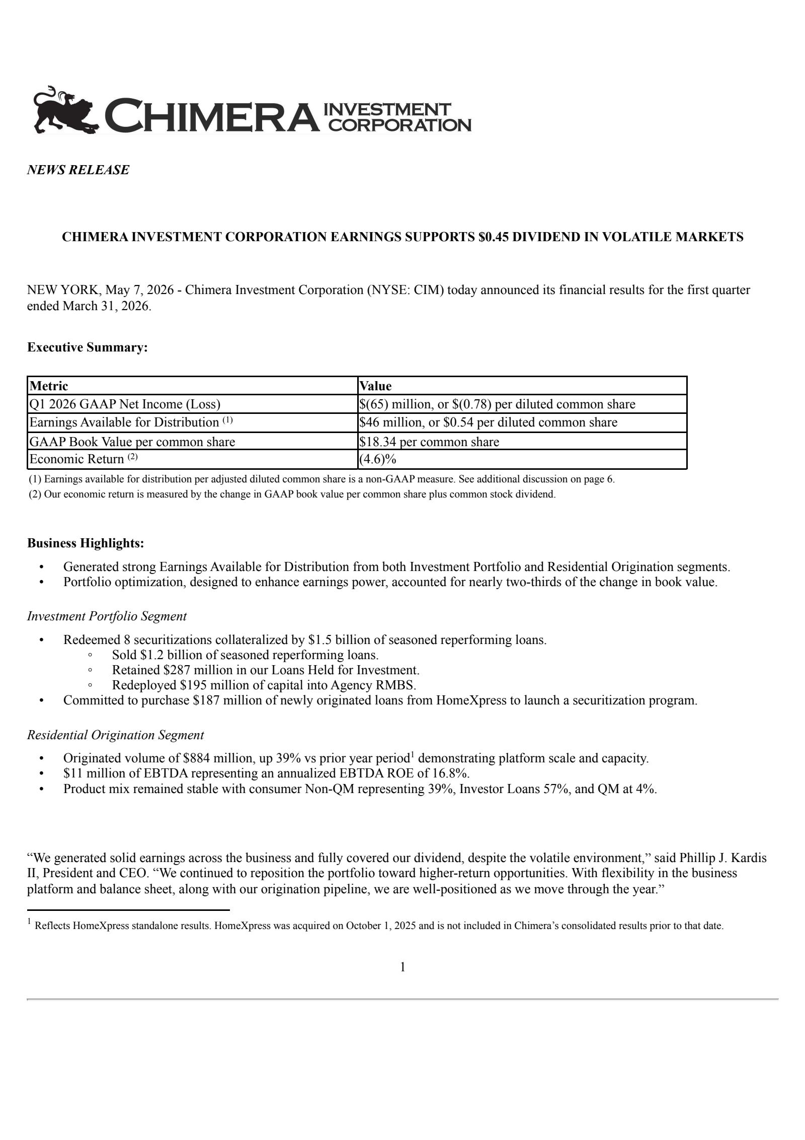 Chimera Investment's Q1 2026 Press Release