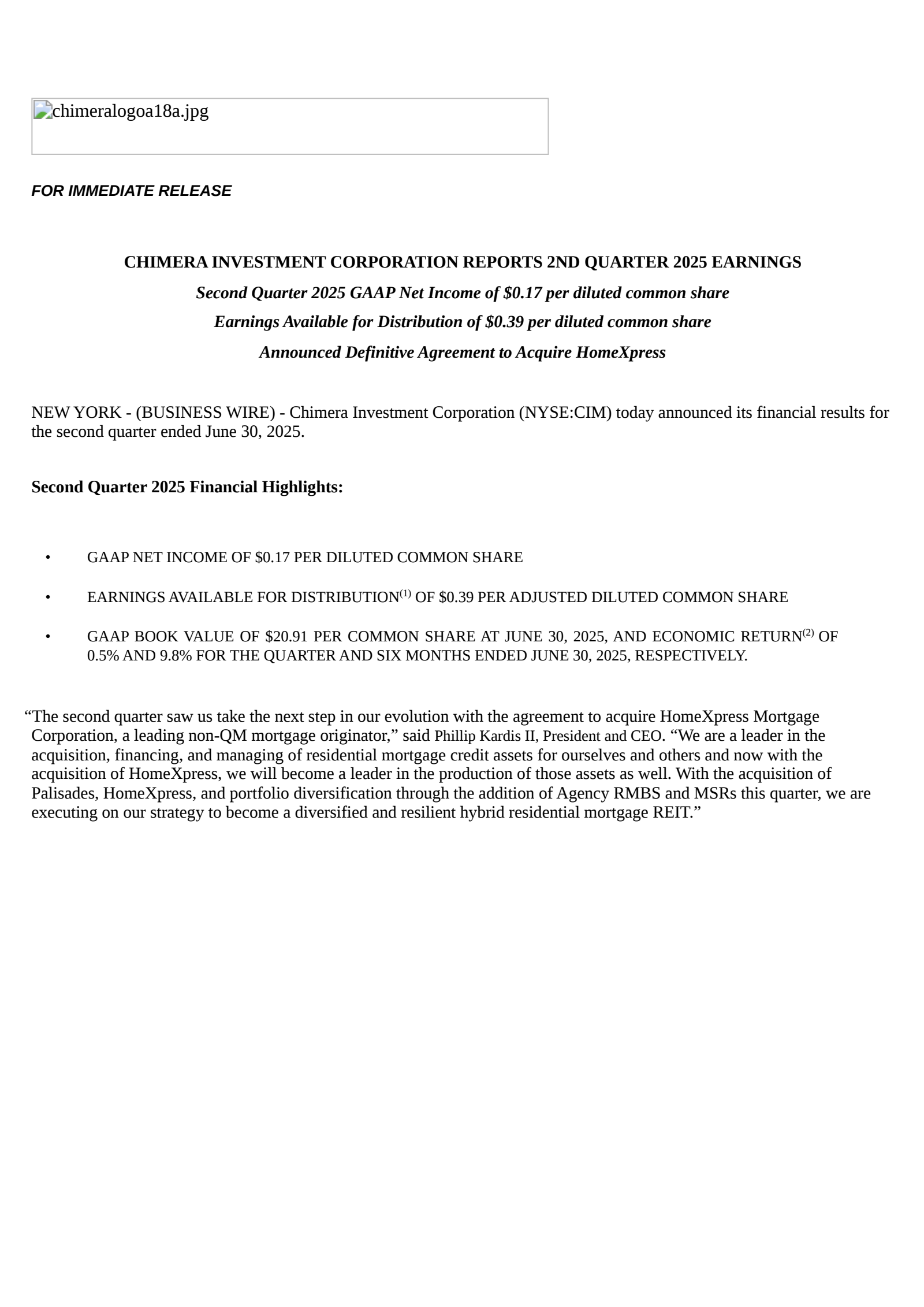 Chimera Investment's Q2 2025 Press Release