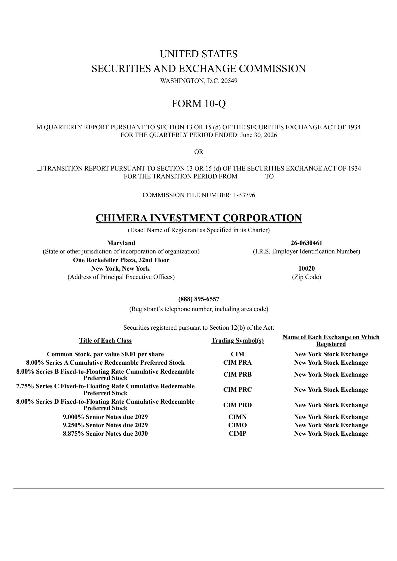 Chimera Investment's Q2 2026 Quarterly report