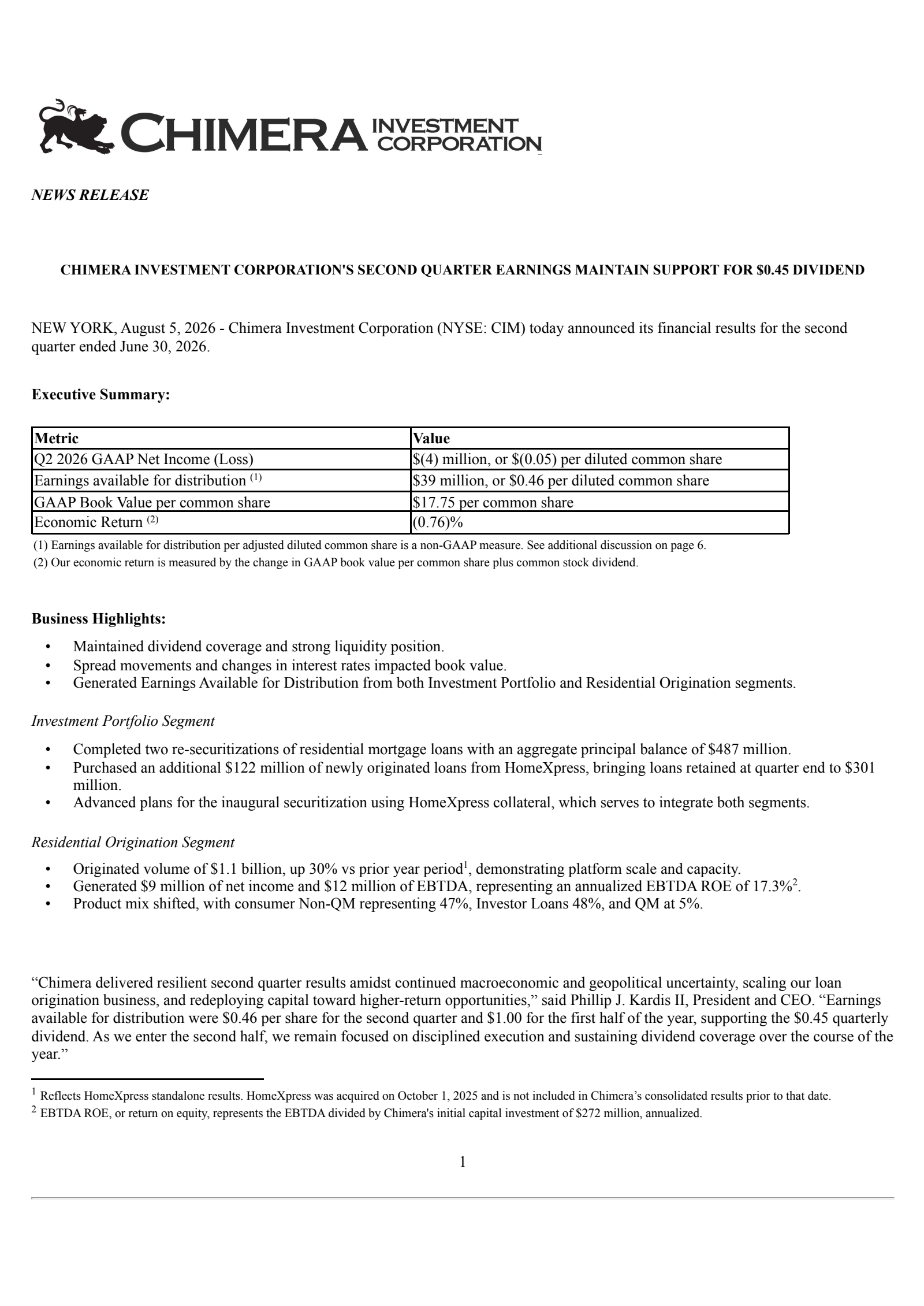Chimera Investment's Q2 2026 Press Release