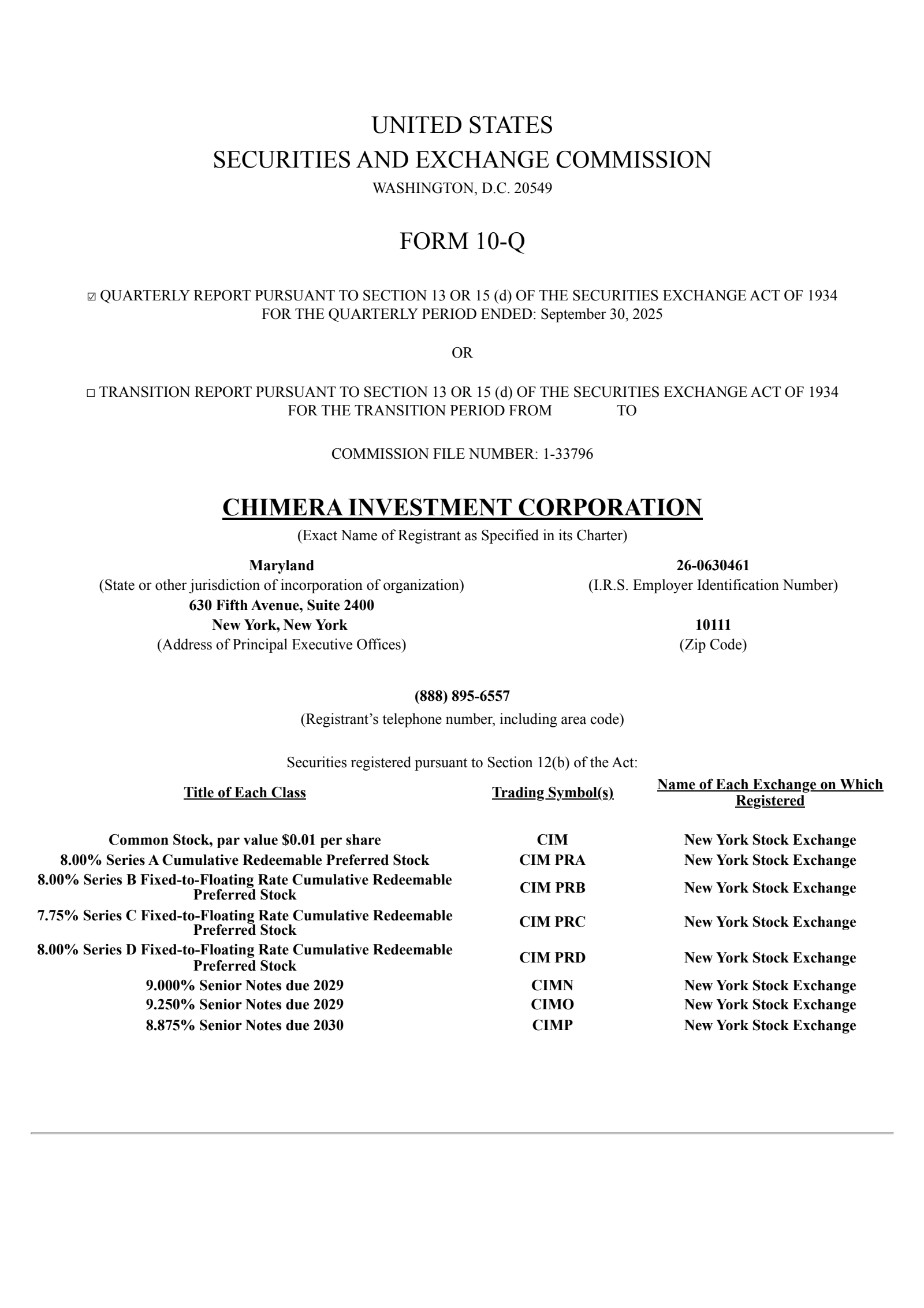 Chimera Investment's Q3 2025 Quarterly Report