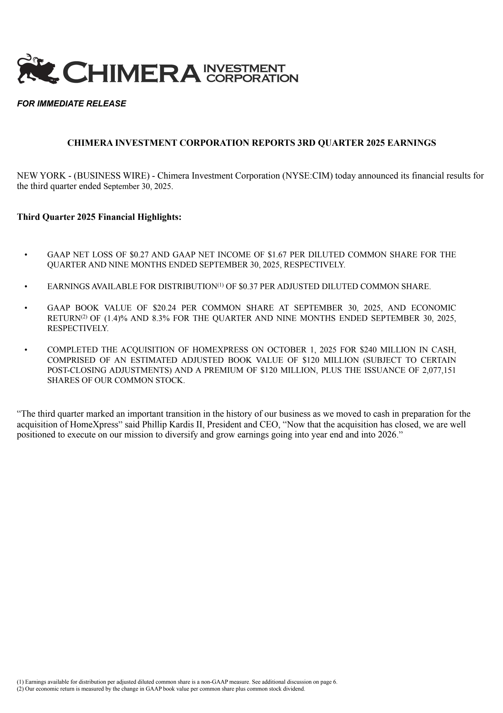 Chimera Investment's Q3 2025 Earnings Release