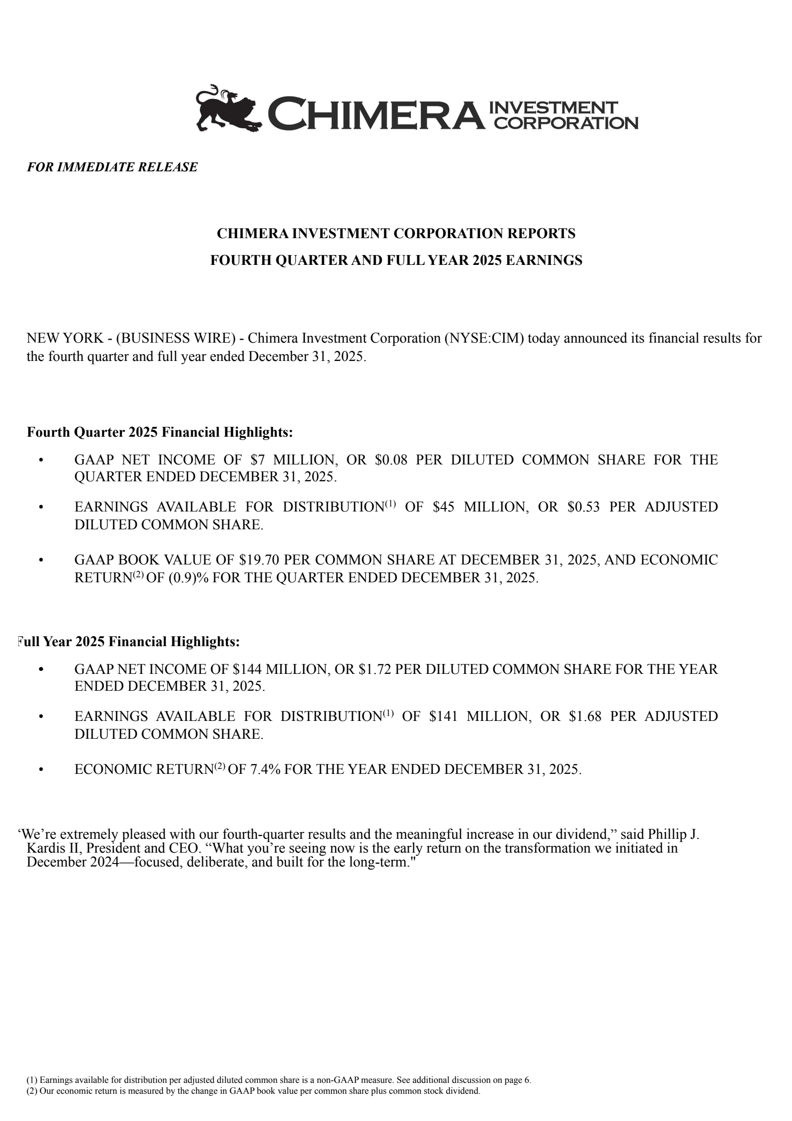 Chimera Investment's Q4 2025 Press Release