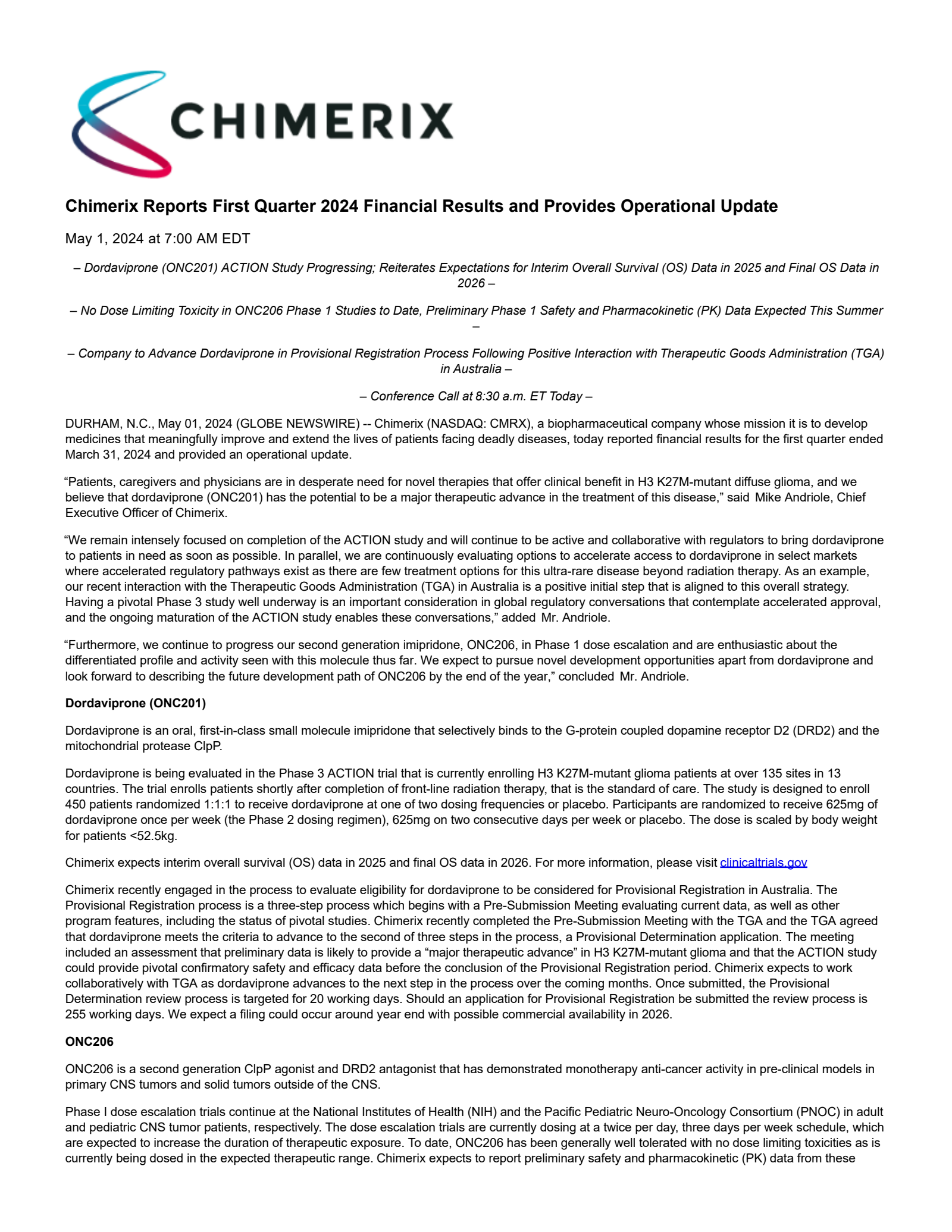 Tom Riga CMRX Q1 2024 Earnings Report on 5/1/2024