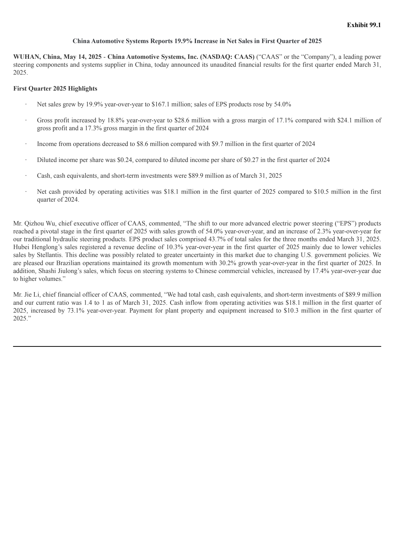 China Automotive Systems' Q1 2025 Press Release
