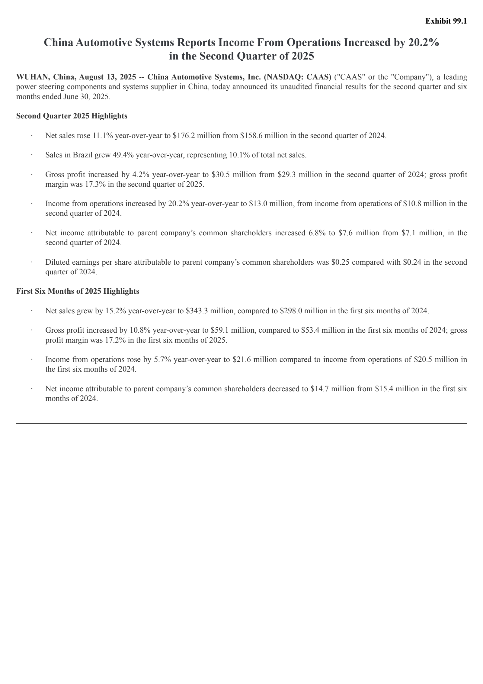 China Automotive Systems' Q2 2025 Press Release