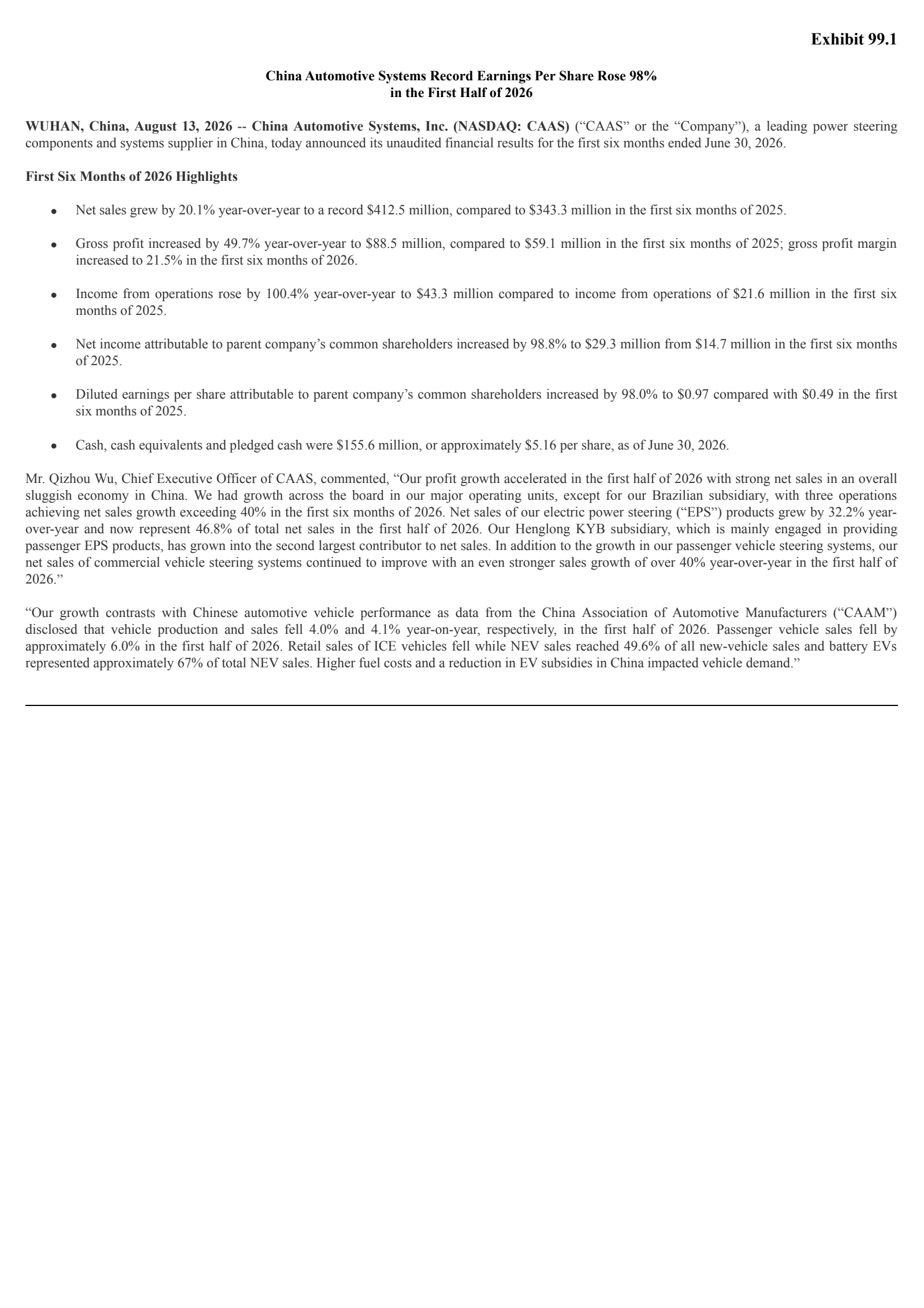 China Automotive Systems' Q2 2026 Press Release