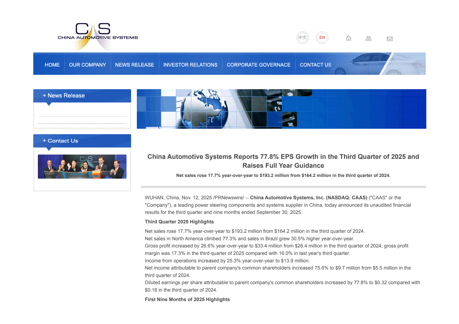 China Automotive Systems' Q3 2025 Earnings Release