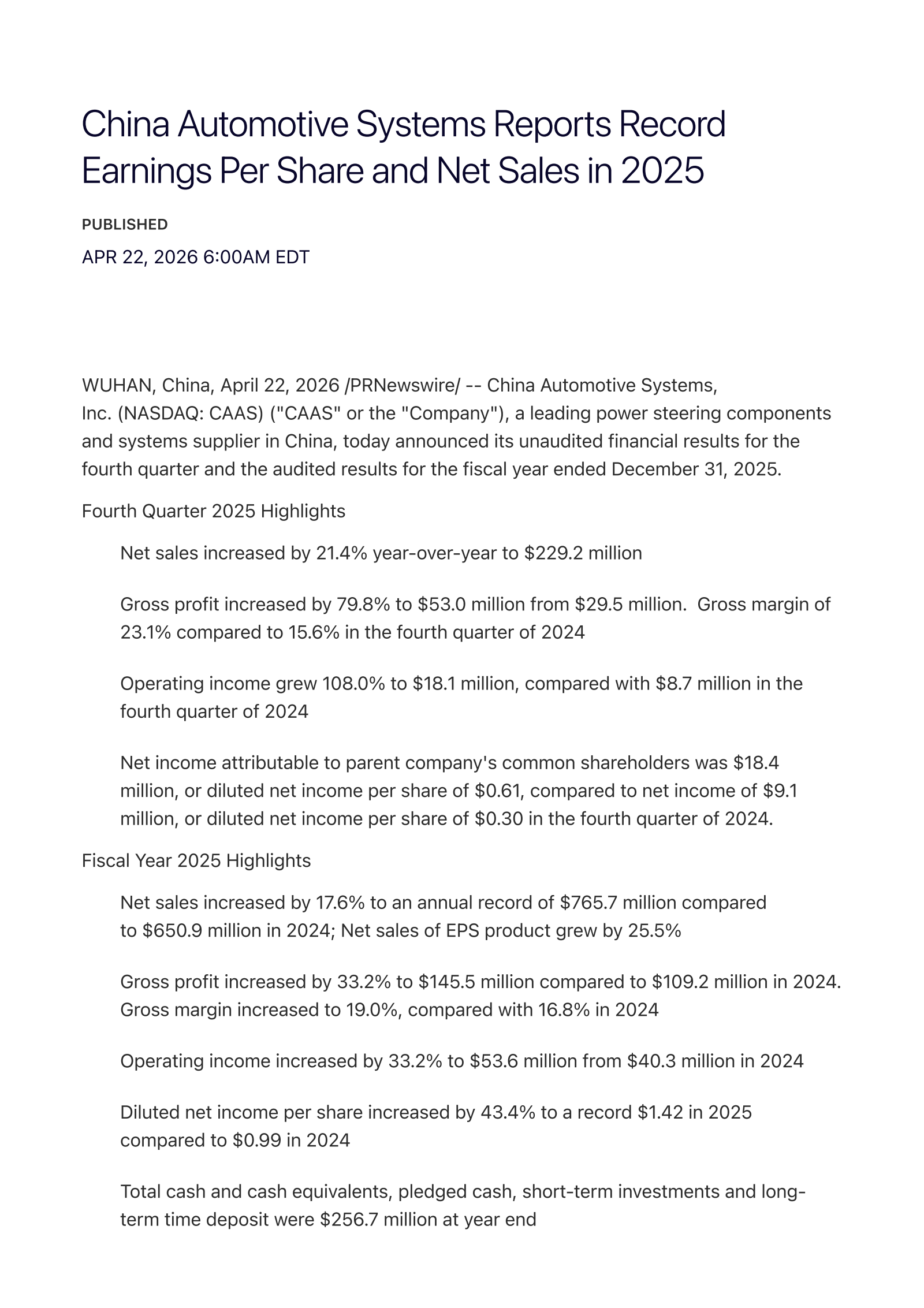 China Automotive Systems' Q4 2025 Press Release