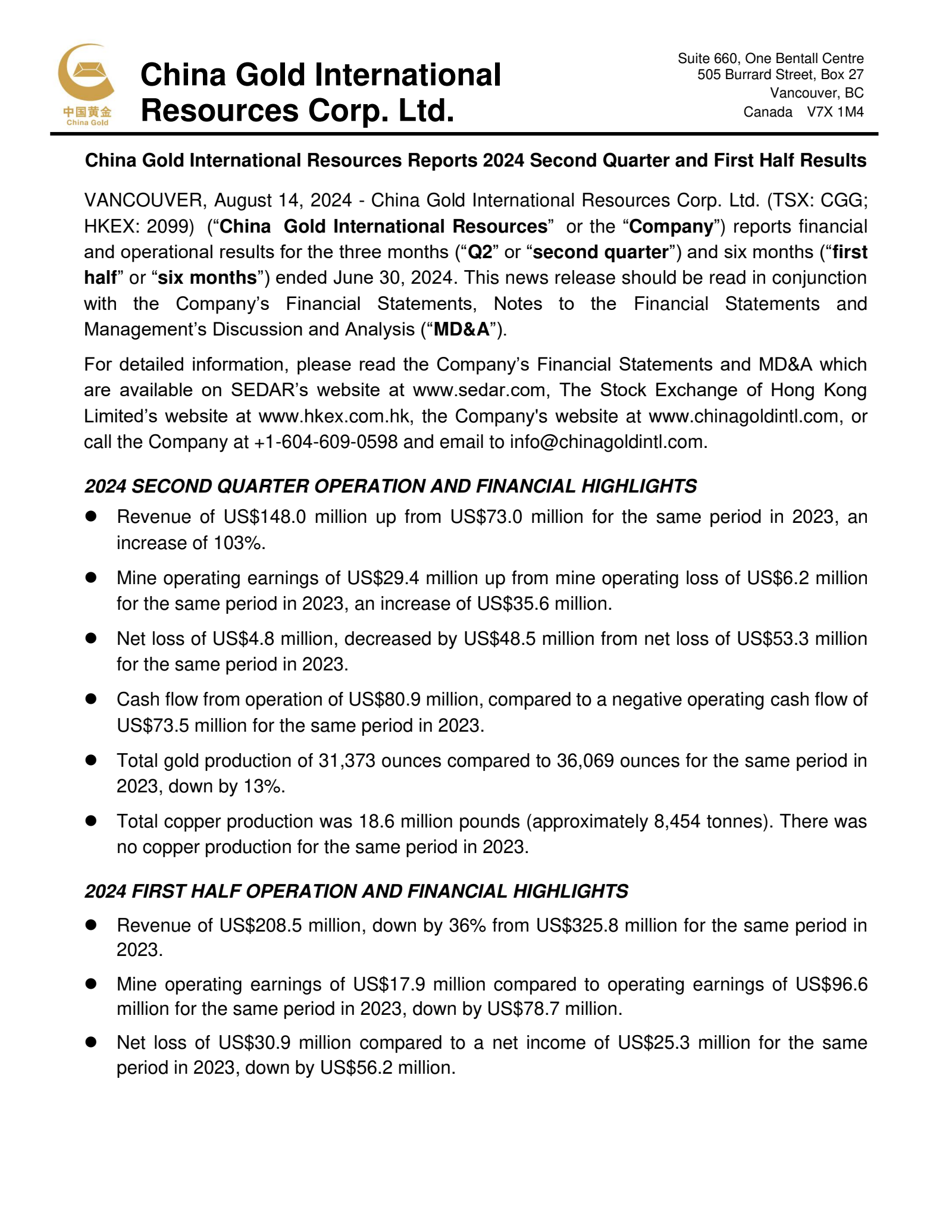 China Gold International Resources' Q2 2024 Press Release