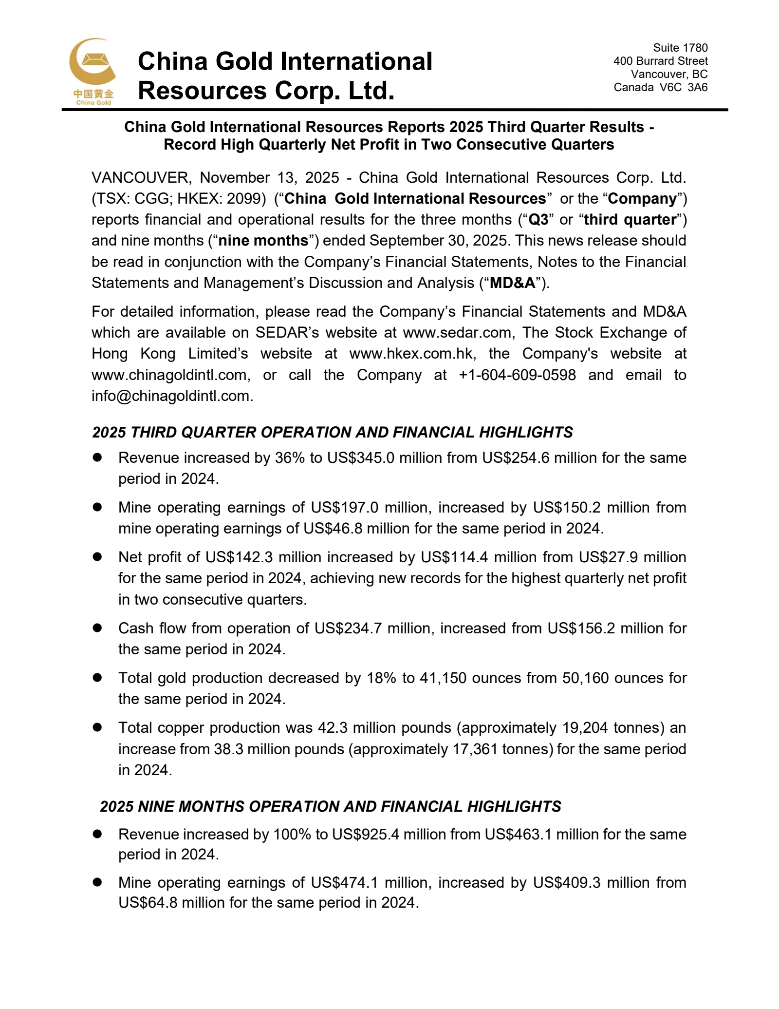 China Gold International Resources' Q3 2025 Press Release
