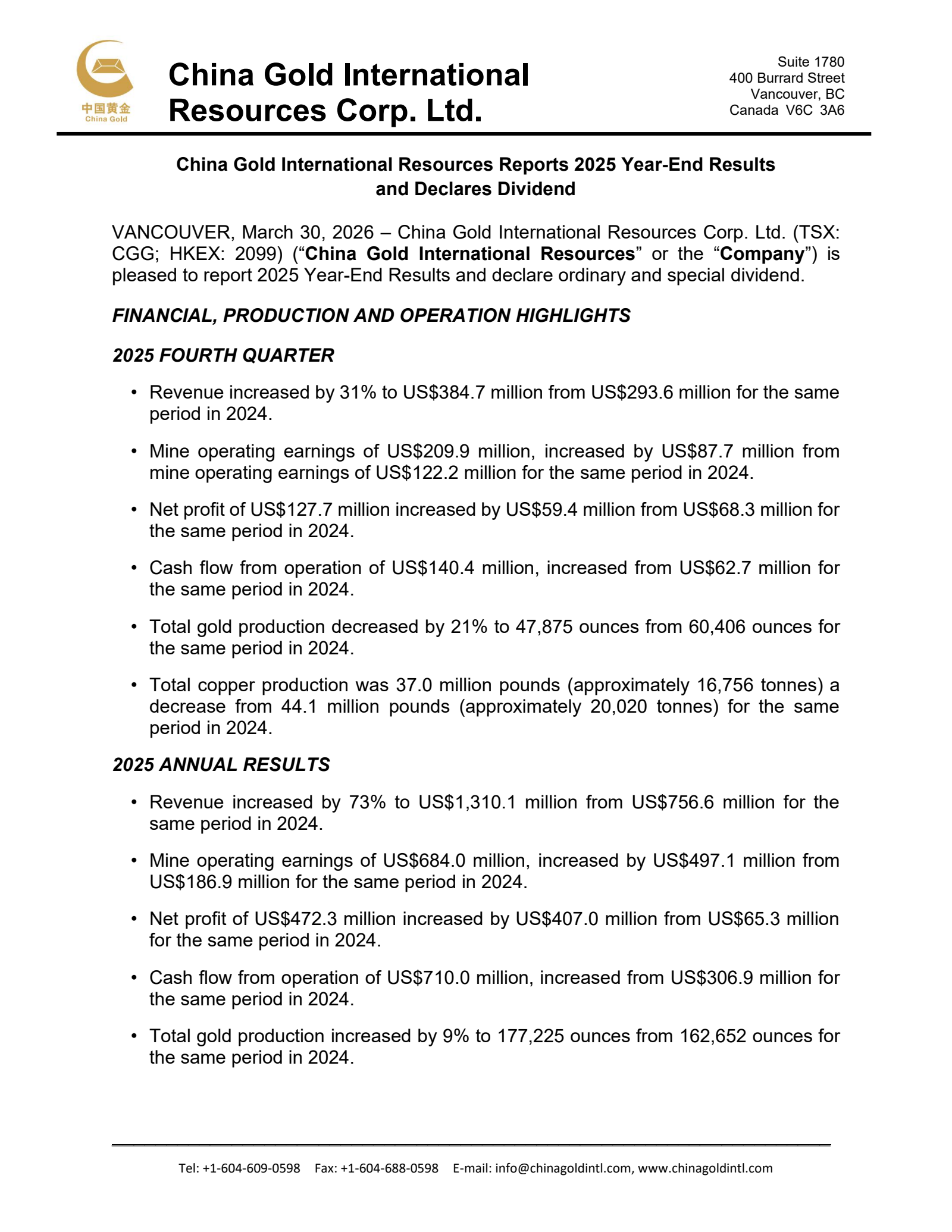China Gold International Resources' Q4 2025 Press Release