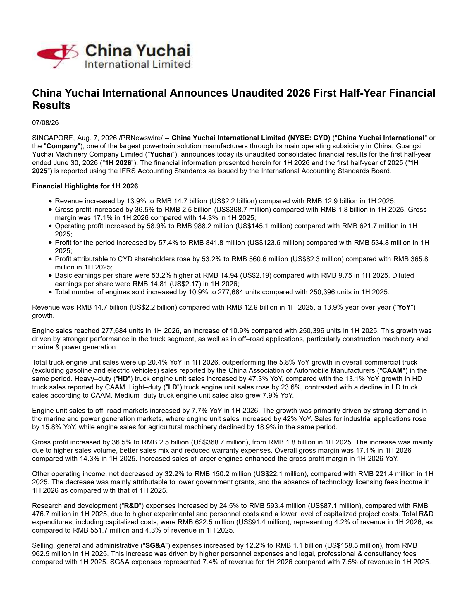 China Yuchai International's H1 2026 Press Release