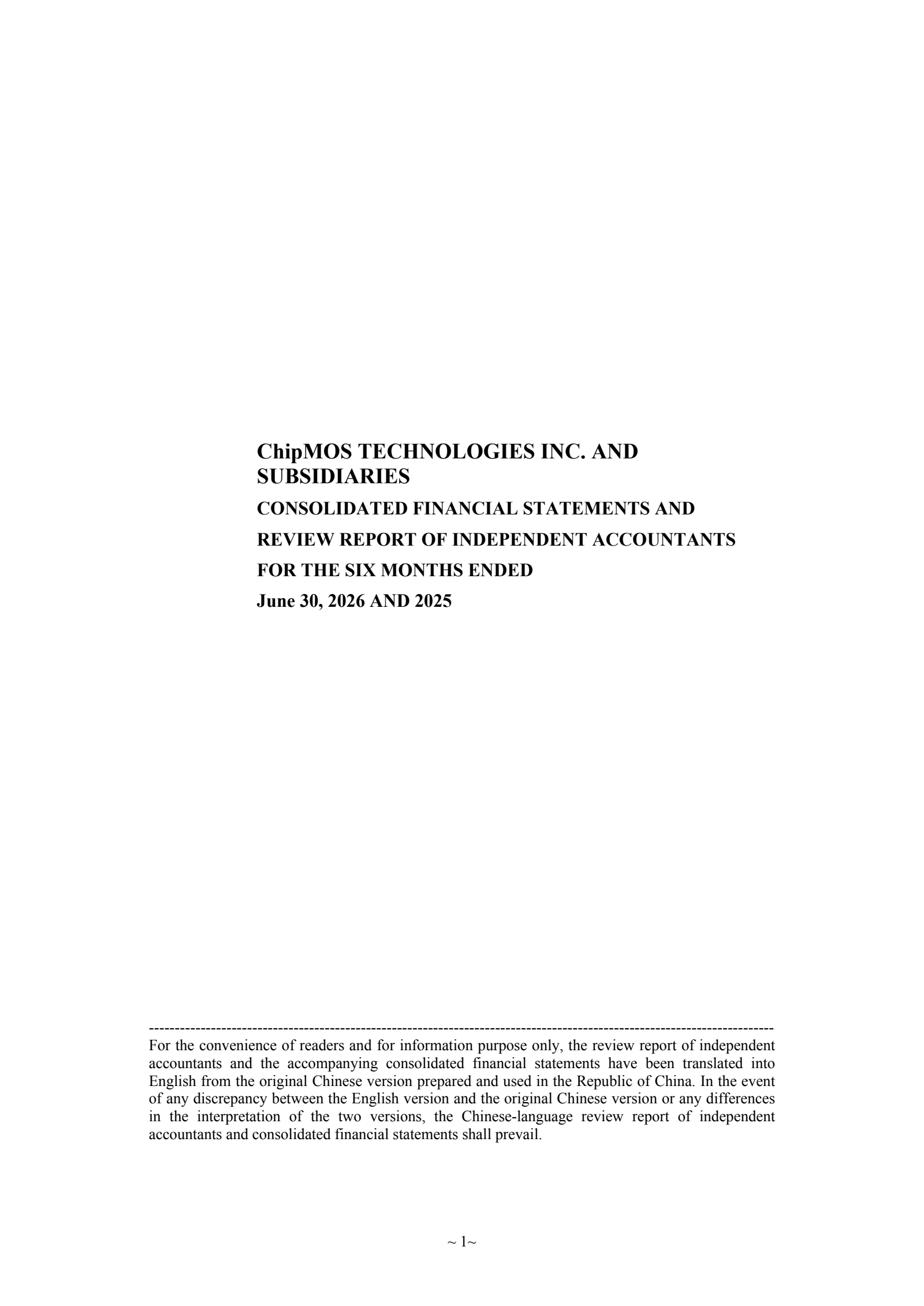 Chipmos Technologies' Q2 2026 Interim report