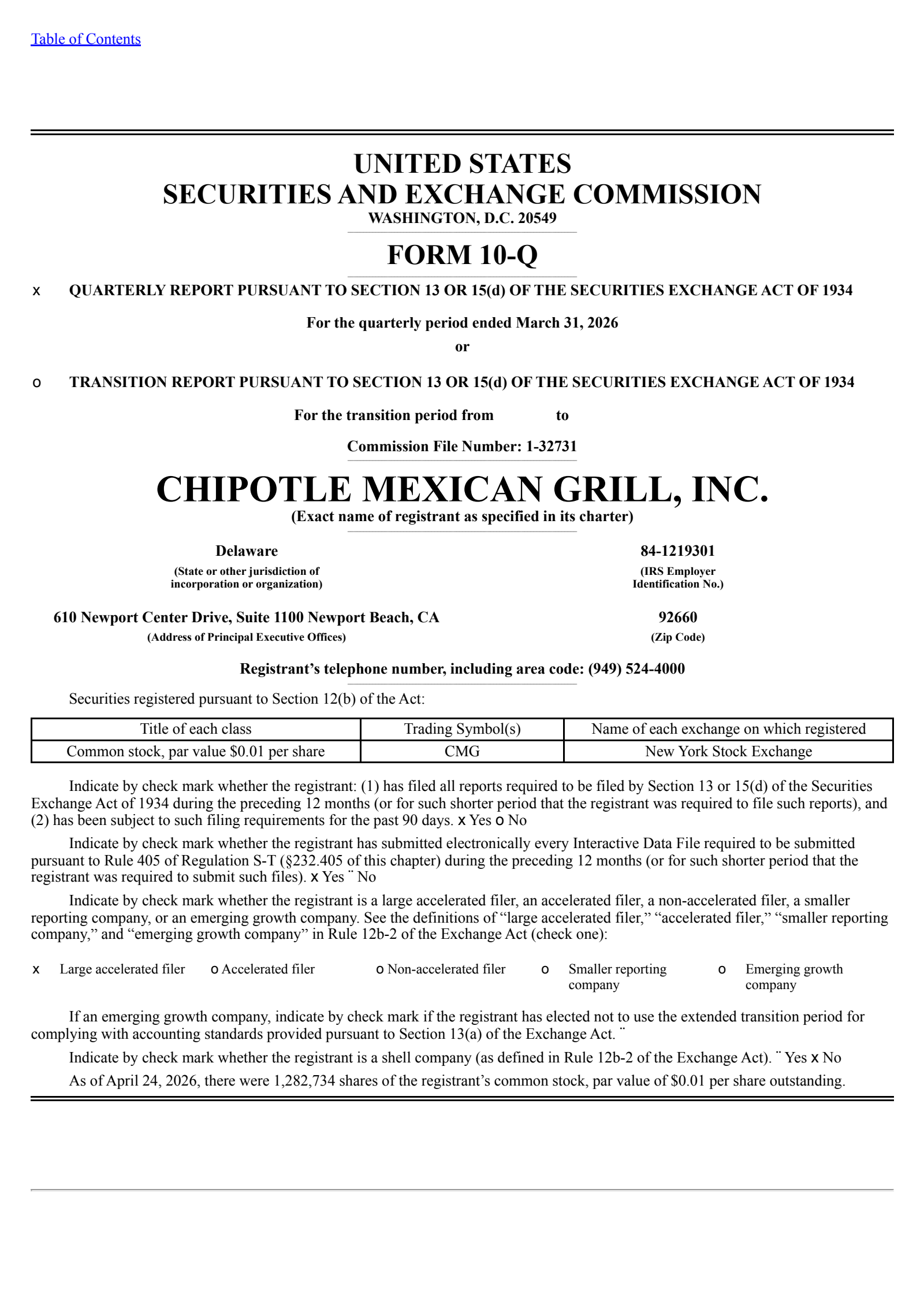 Chipotle Mexican Grill's Q1 2026 Quarterly report