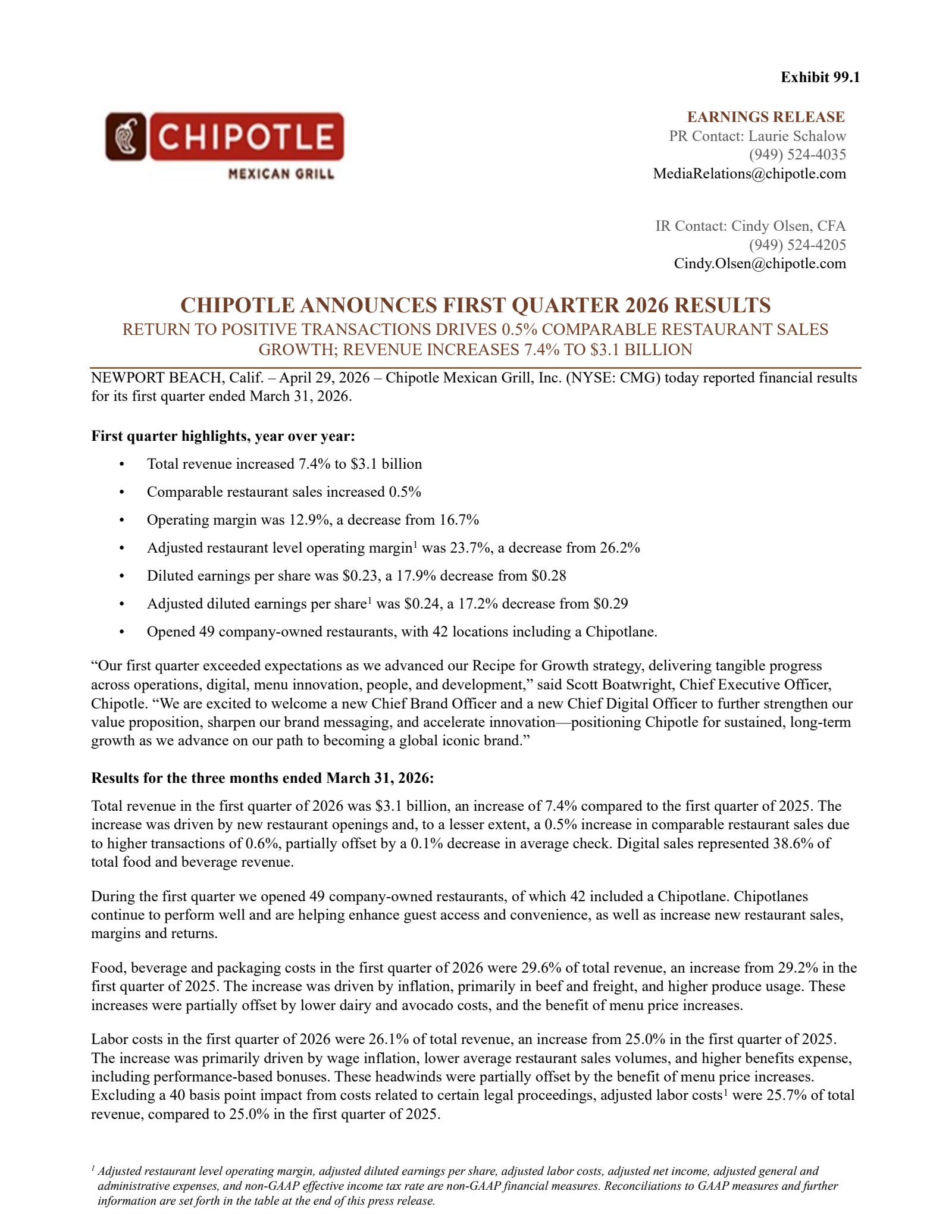 Chipotle Mexican Grill's Q1 2026 Press Release