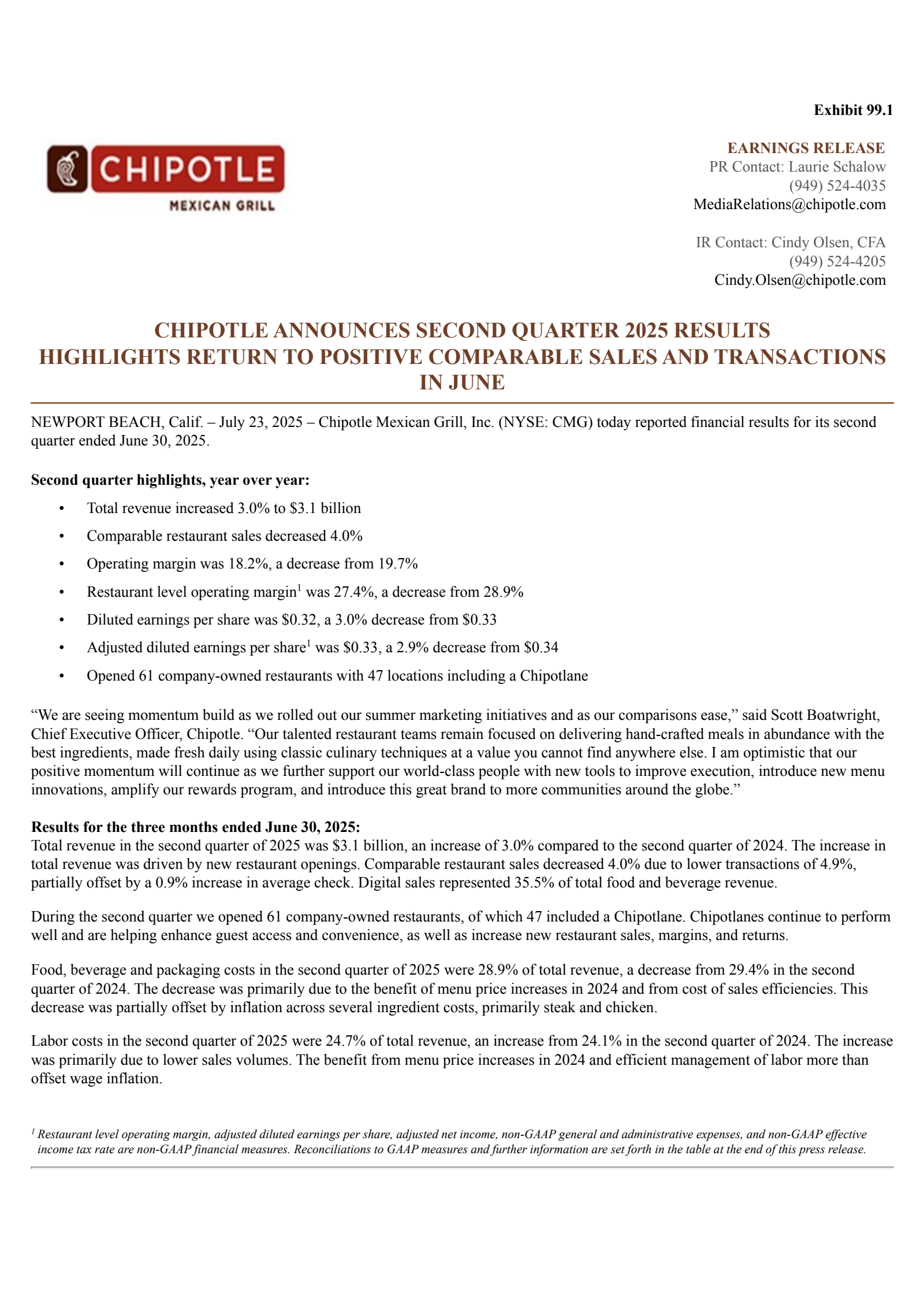 Chipotle Mexican Grill's Q2 2025 Press Release
