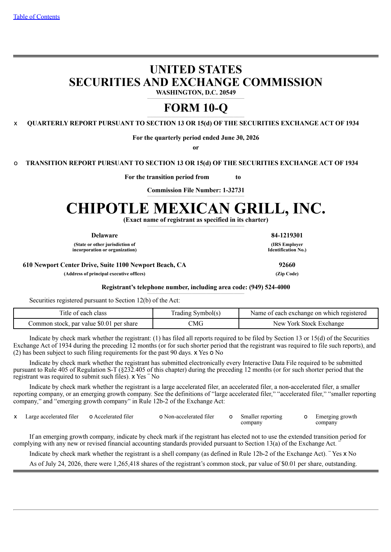 Chipotle Mexican Grill's Q2 2026 Quarterly report
