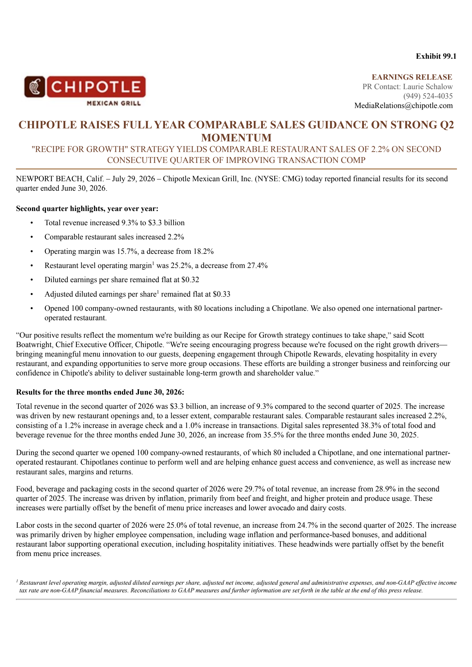 Chipotle Mexican Grill's Q2 2026 Press Release