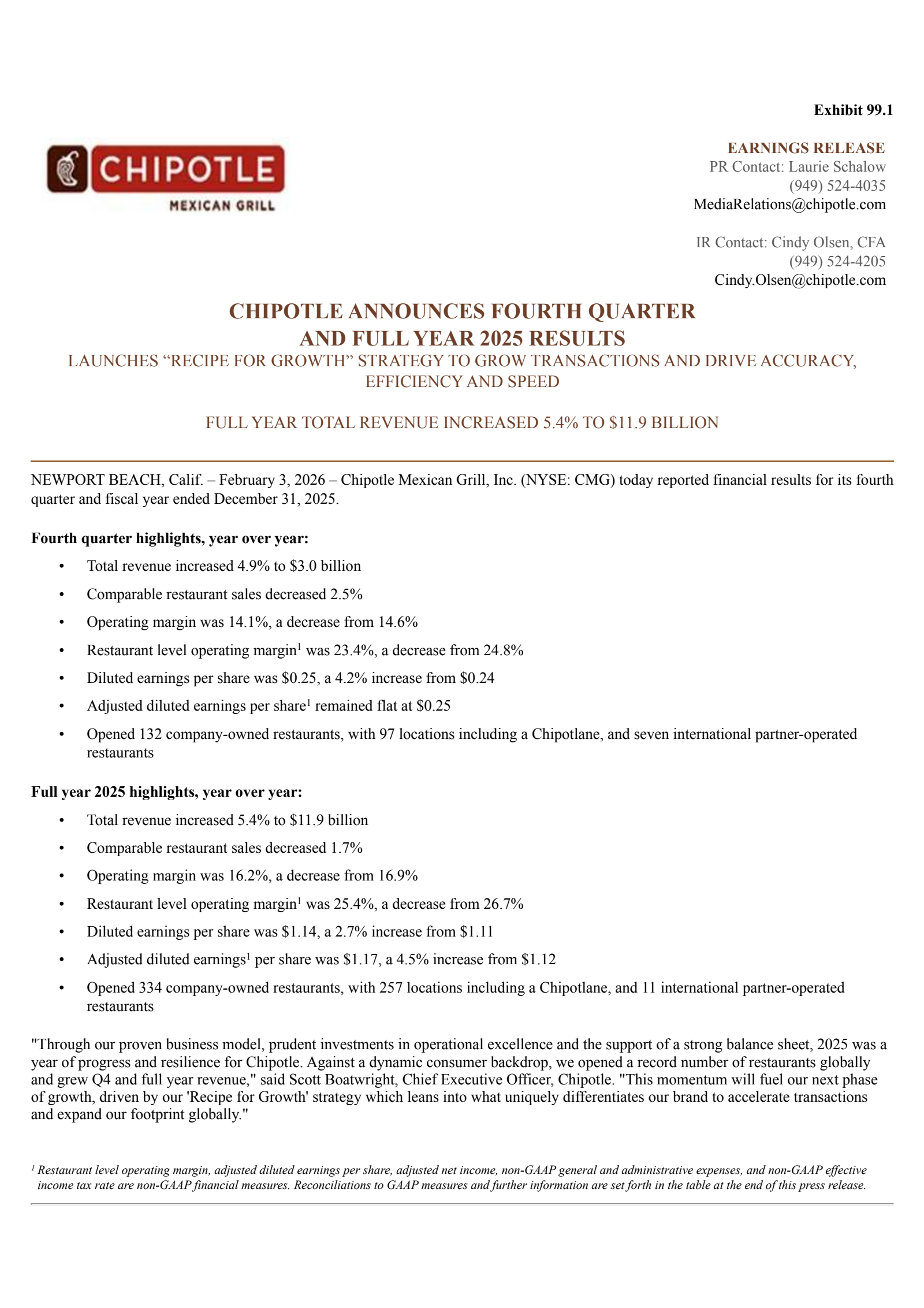 Chipotle Mexican Grill's Q4 2025 Press Release
