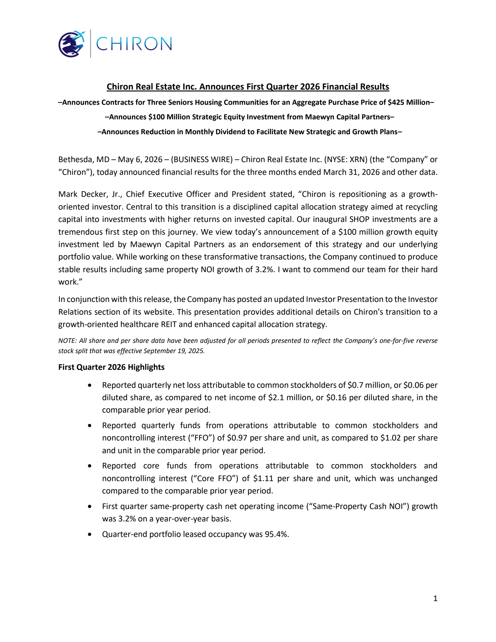 Global Medical REIT's Q1 2026 Press Release