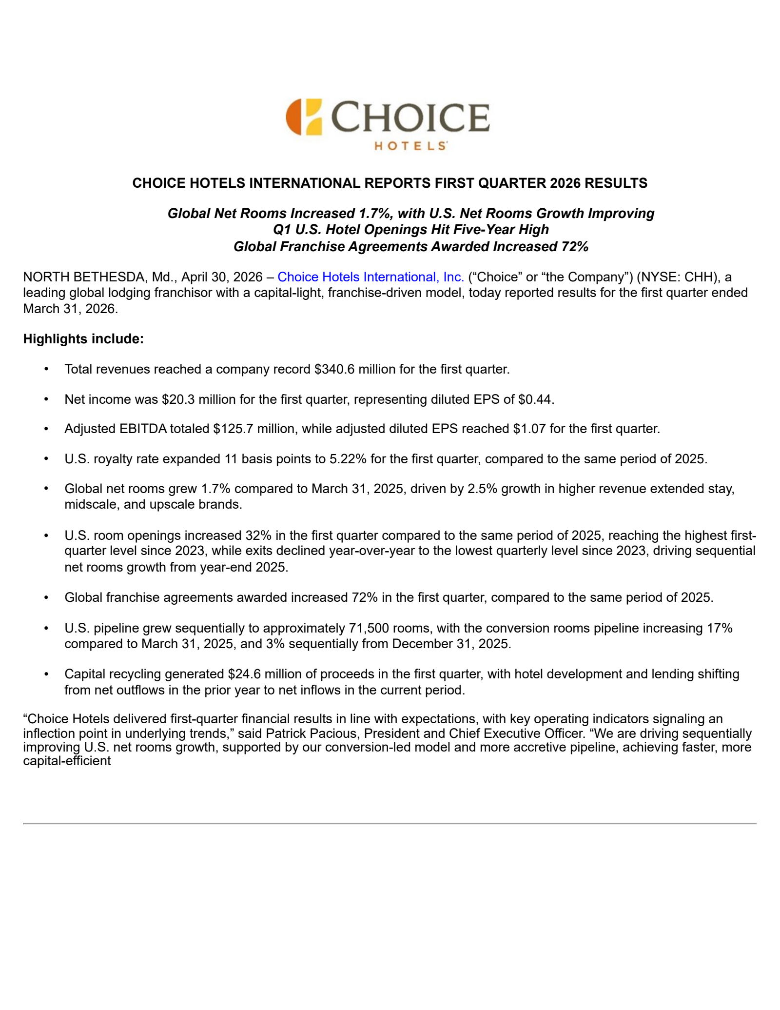 Choice Hotels International's Q1 2026 Press Release
