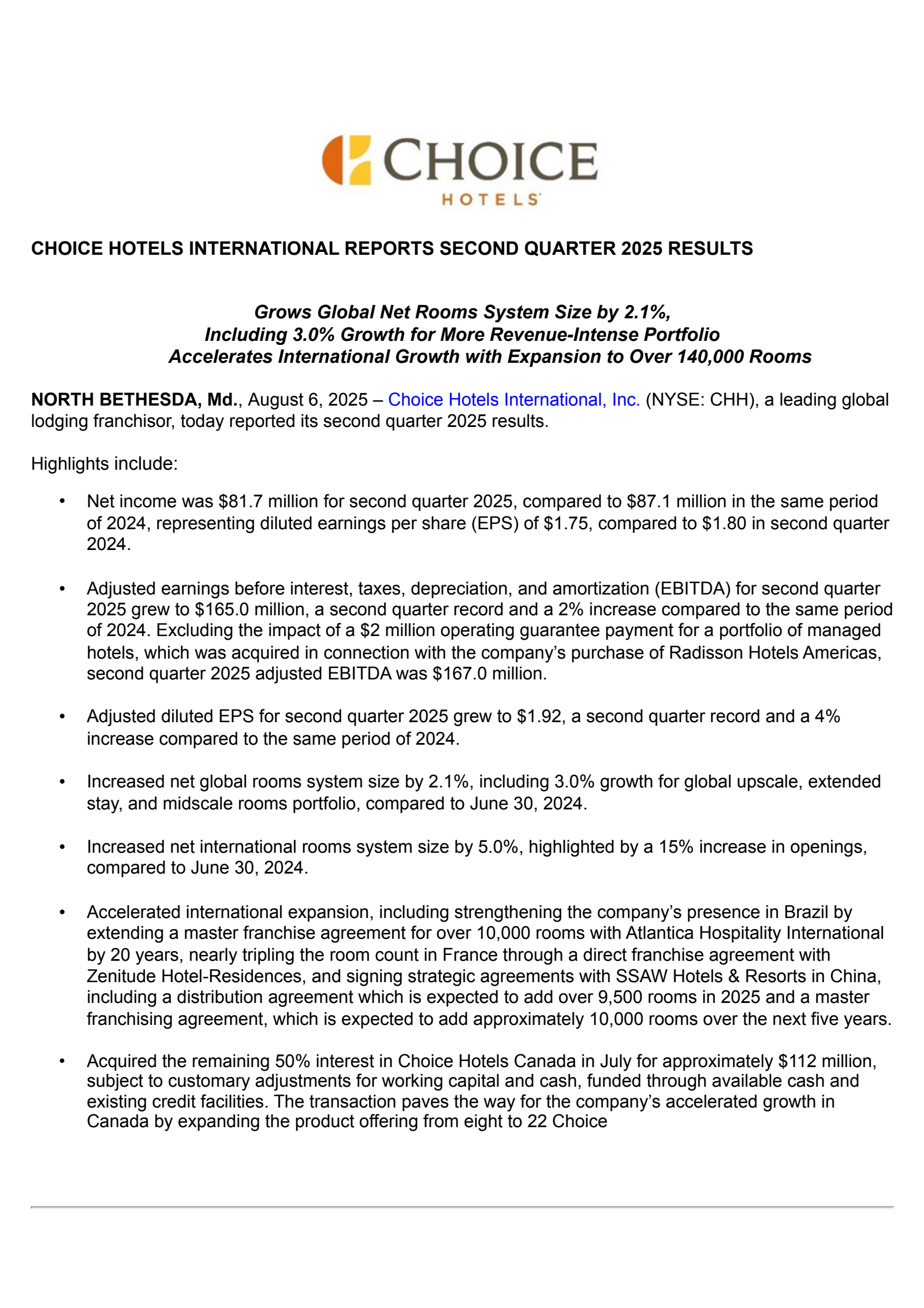 Choice Hotels International's Q2 2025 Press Release