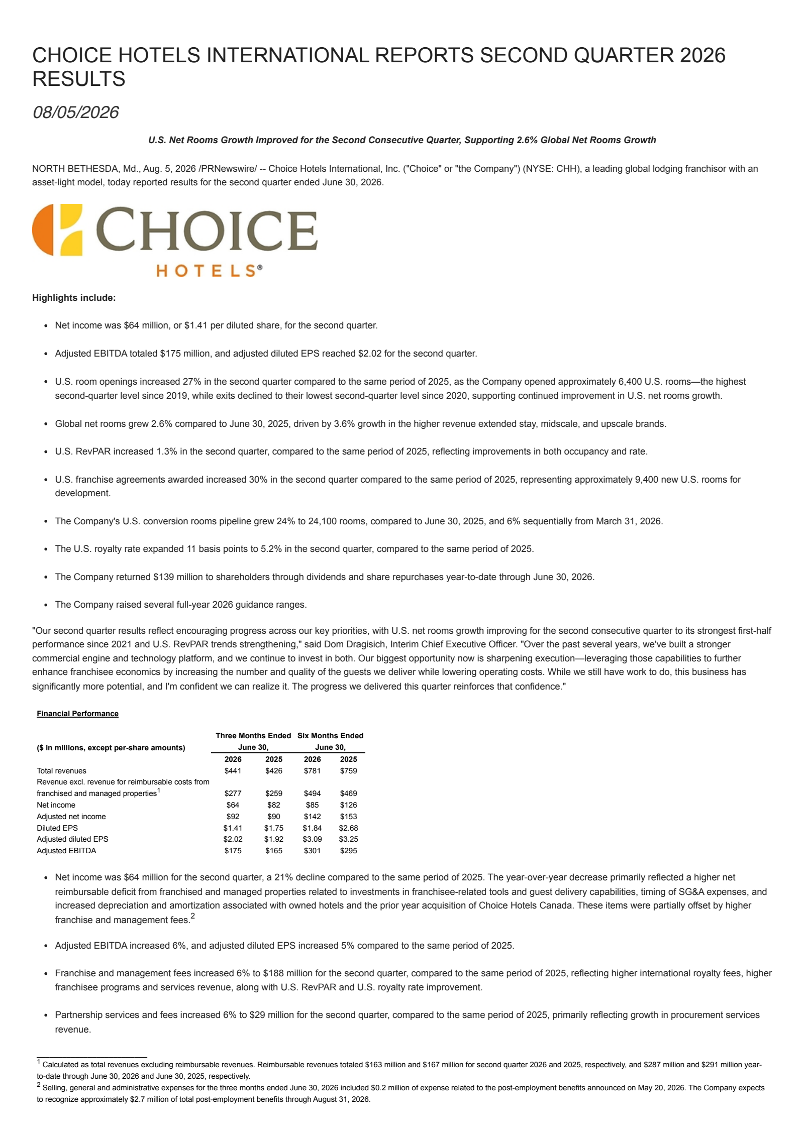 Choice Hotels International's Q2 2026 Press Release