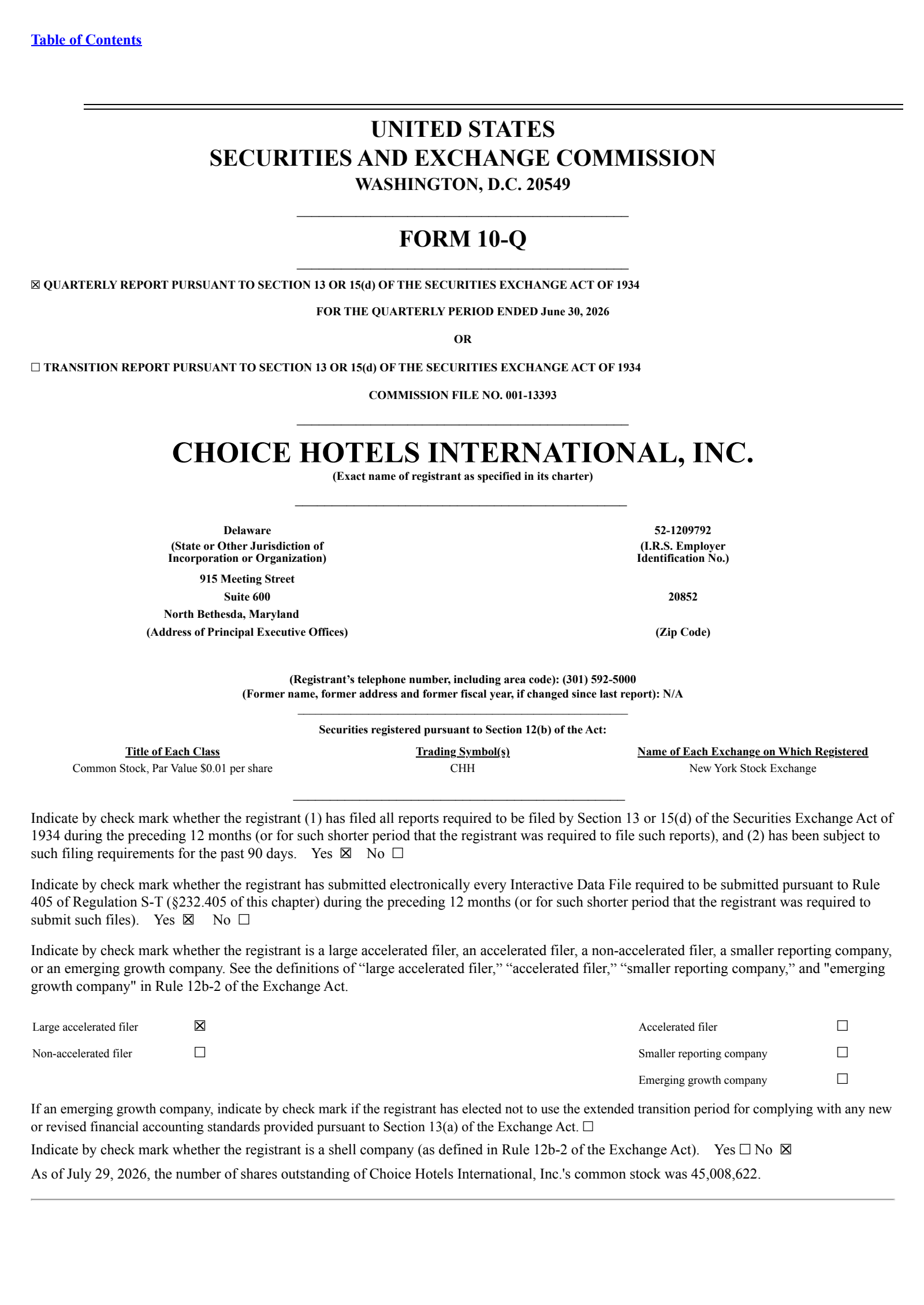 Choice Hotels International's Q2 2026 Quarterly report