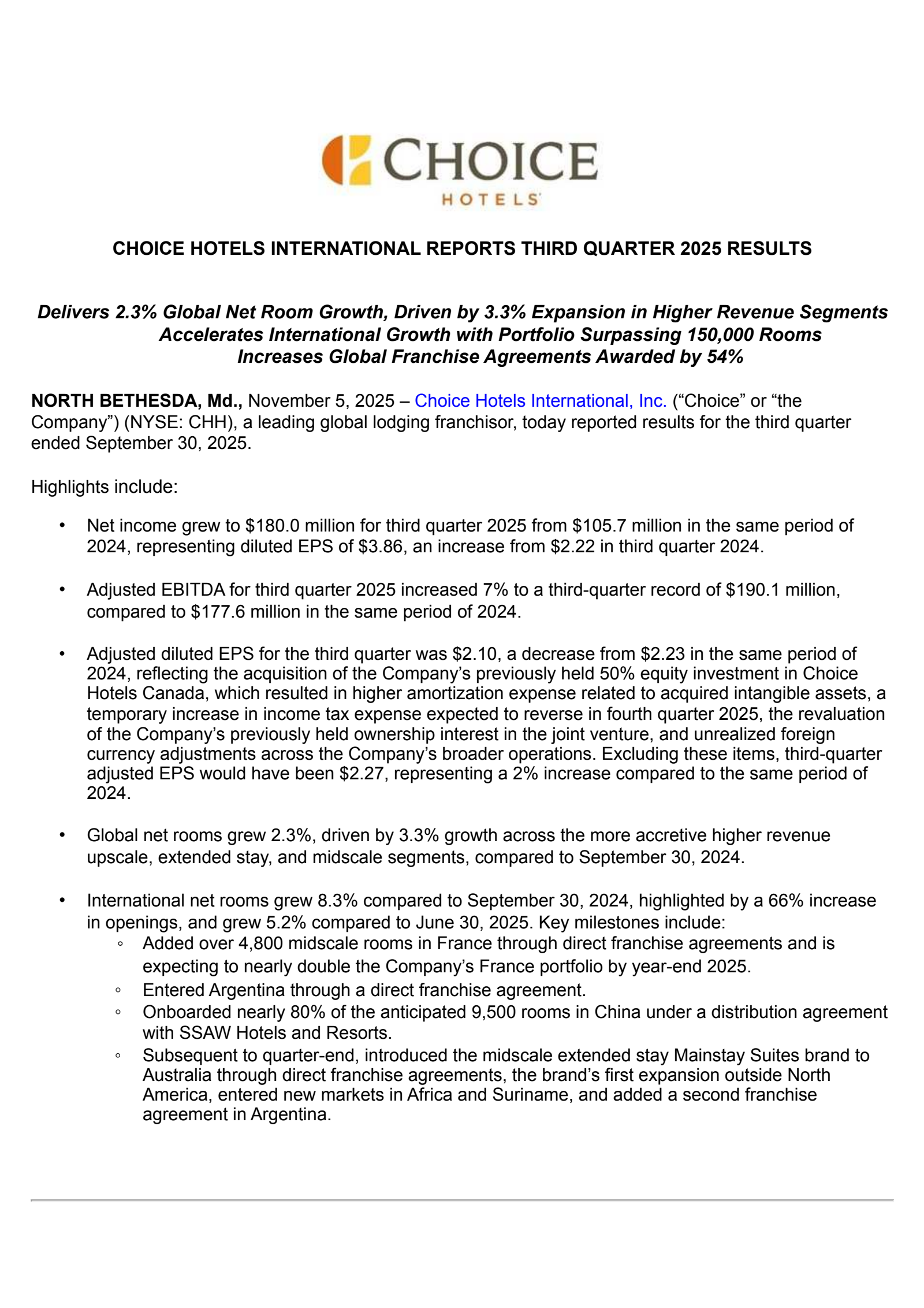 Choice Hotels International's Q3 2025 Earnings Release