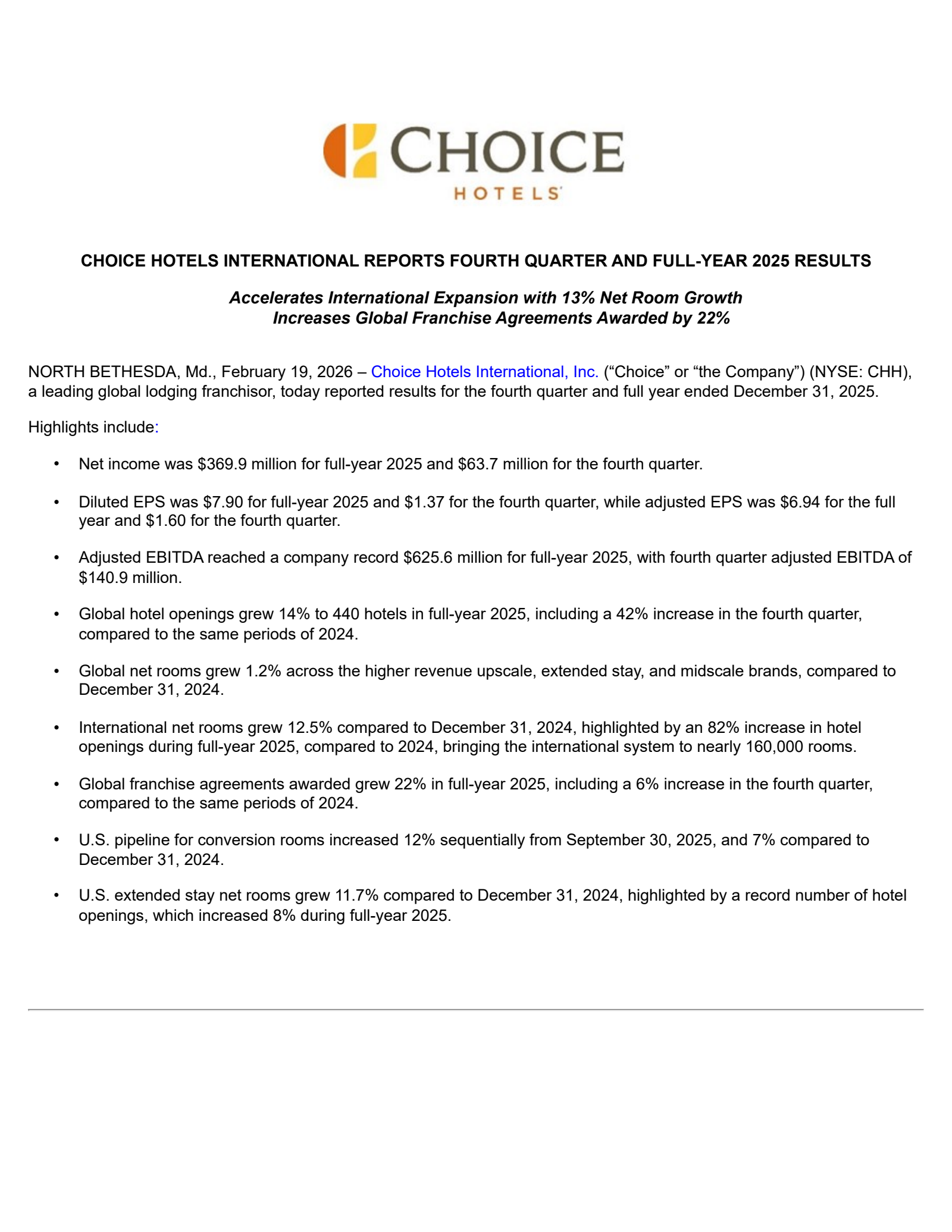Choice Hotels International's Q4 2025 Press Release