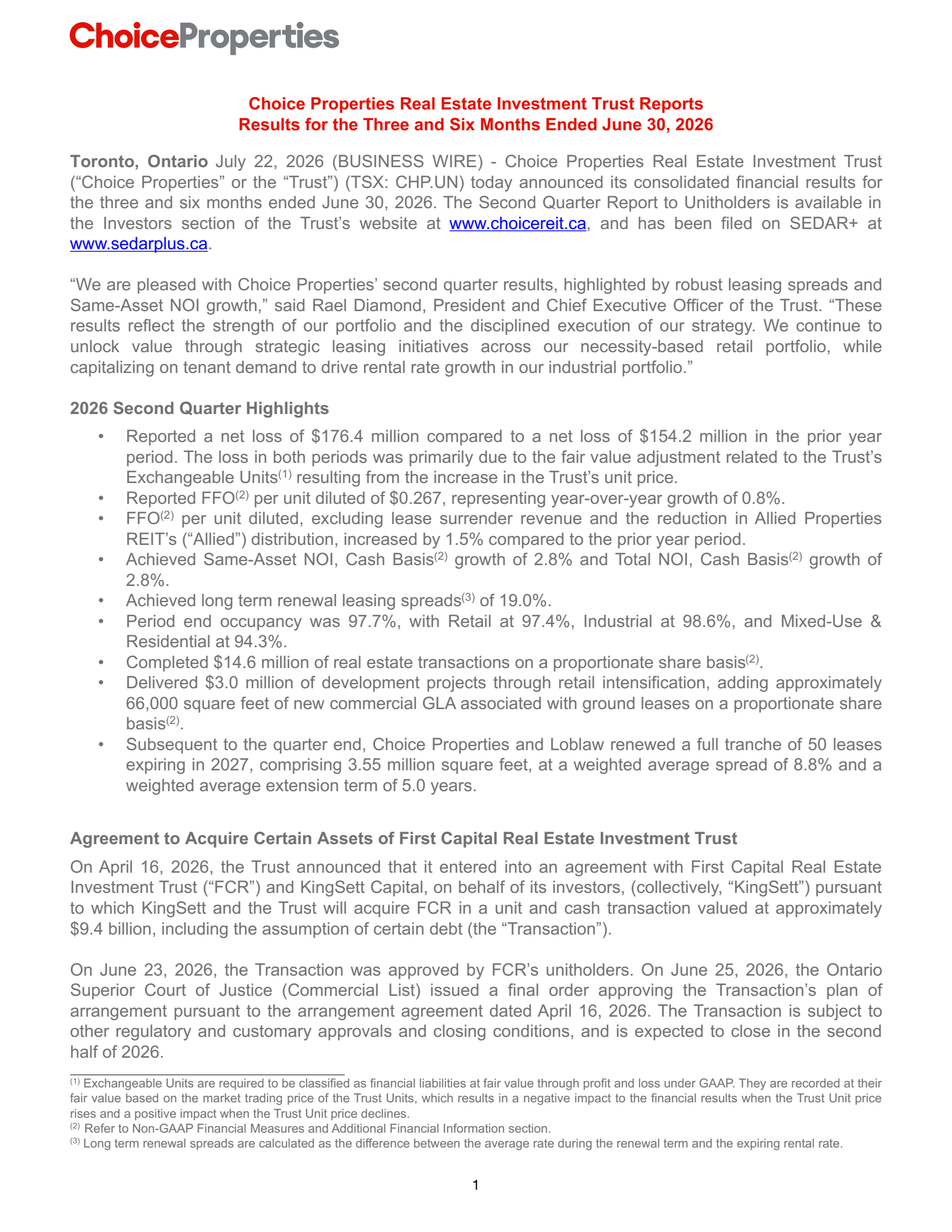 Choice Properties Real Est Invstmnt Trst's Q2 2026 Press Release