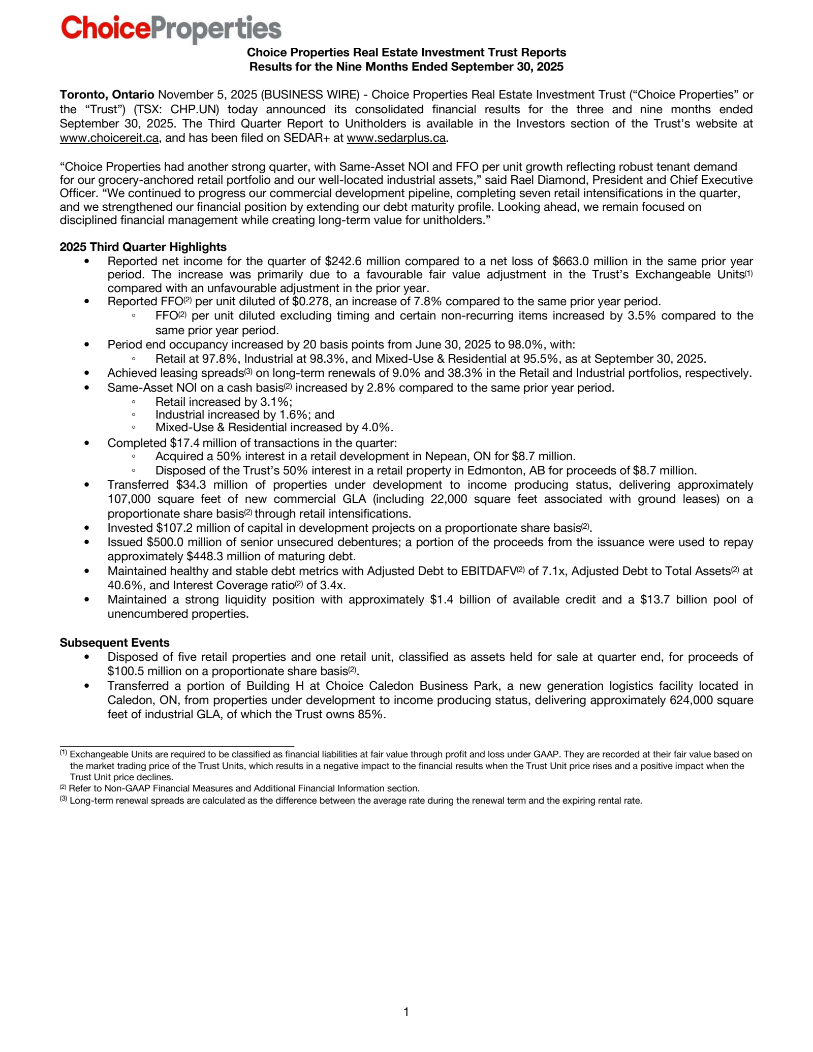 Choice Properties Real Est Invstmnt Trst's Q3 2025 Earnings Release