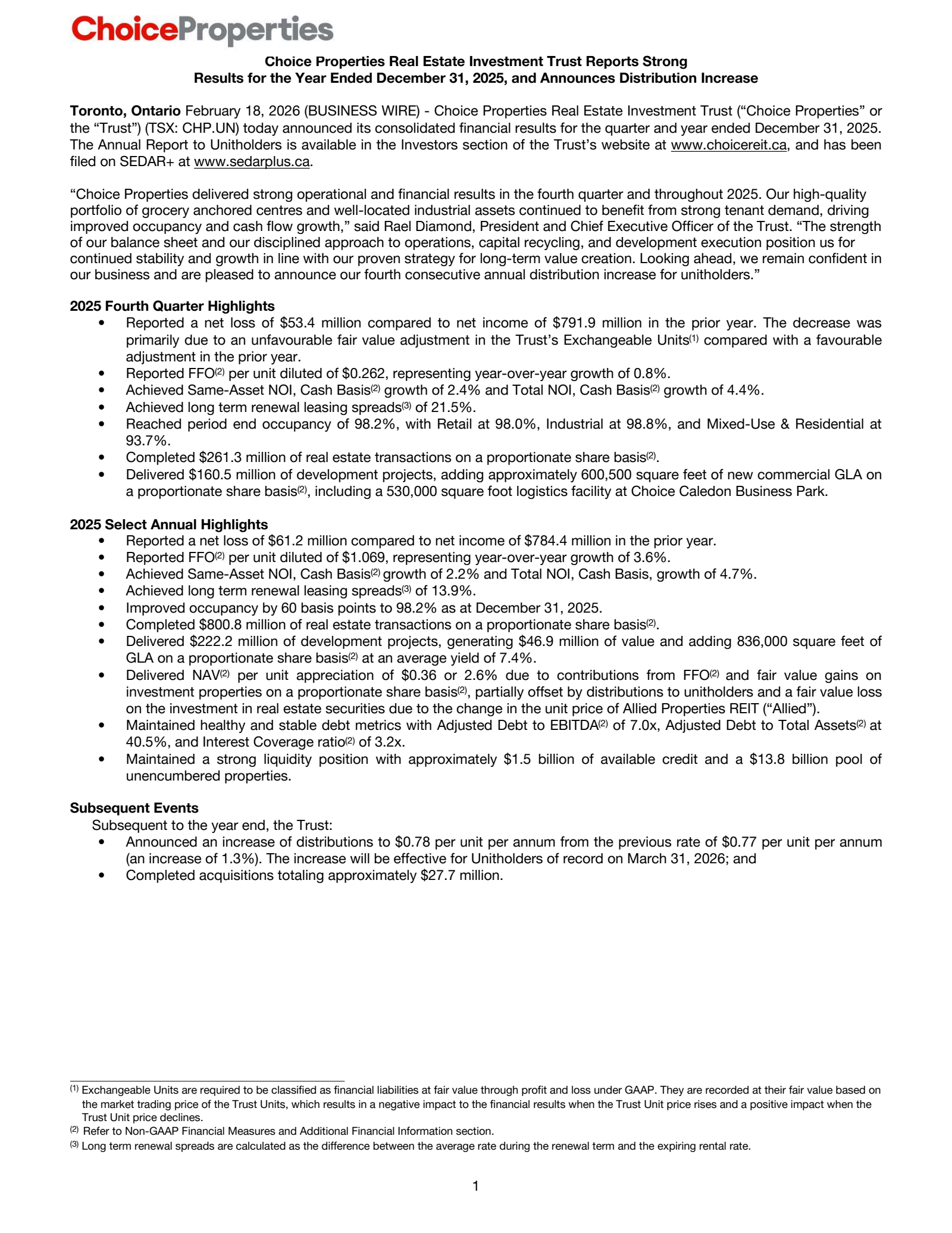 Choice Properties Real Est Invstmnt Trst's Q4 2025 Press Release
