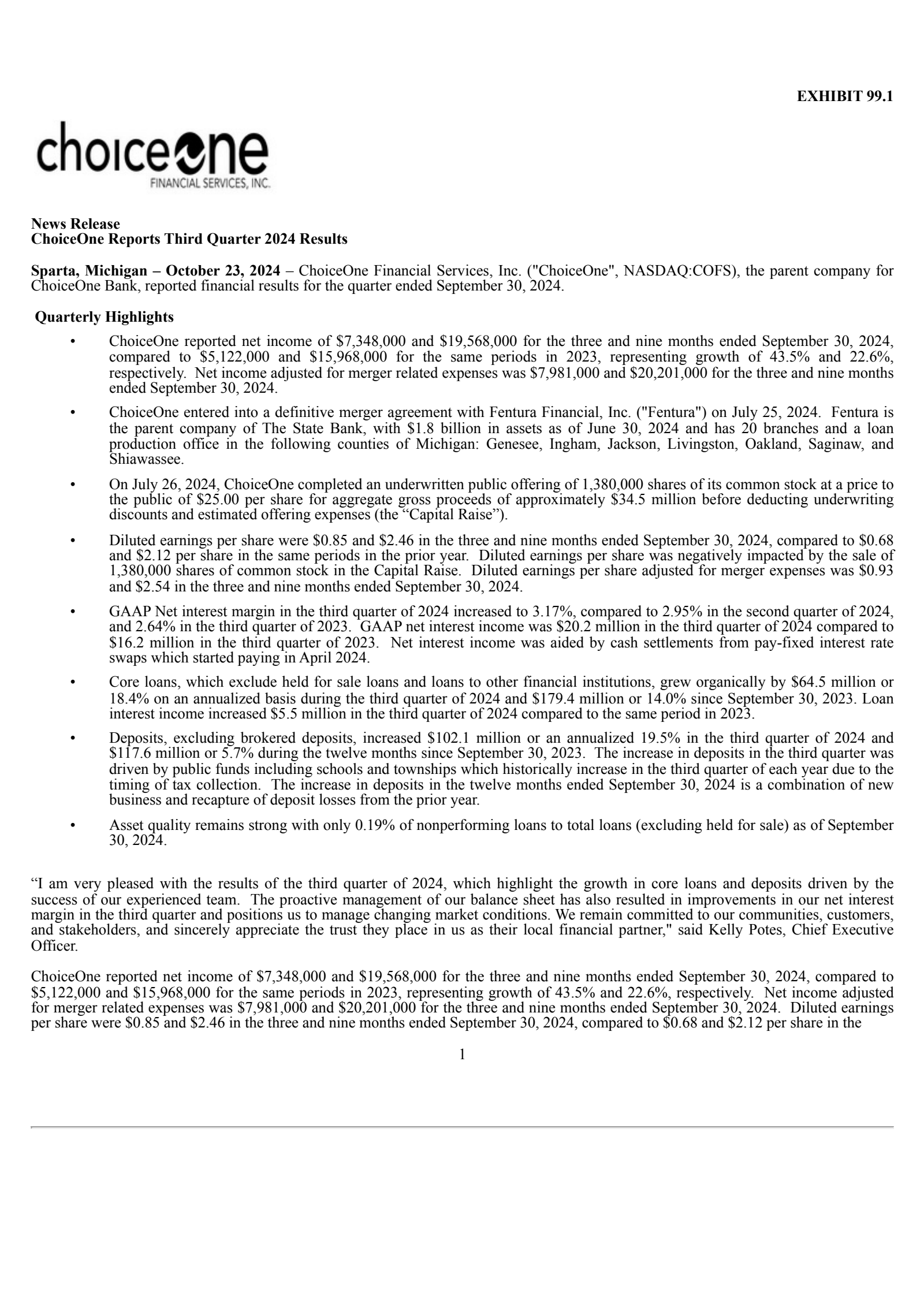 ChoiceOne Financial Services' Q3 2024 Press Release