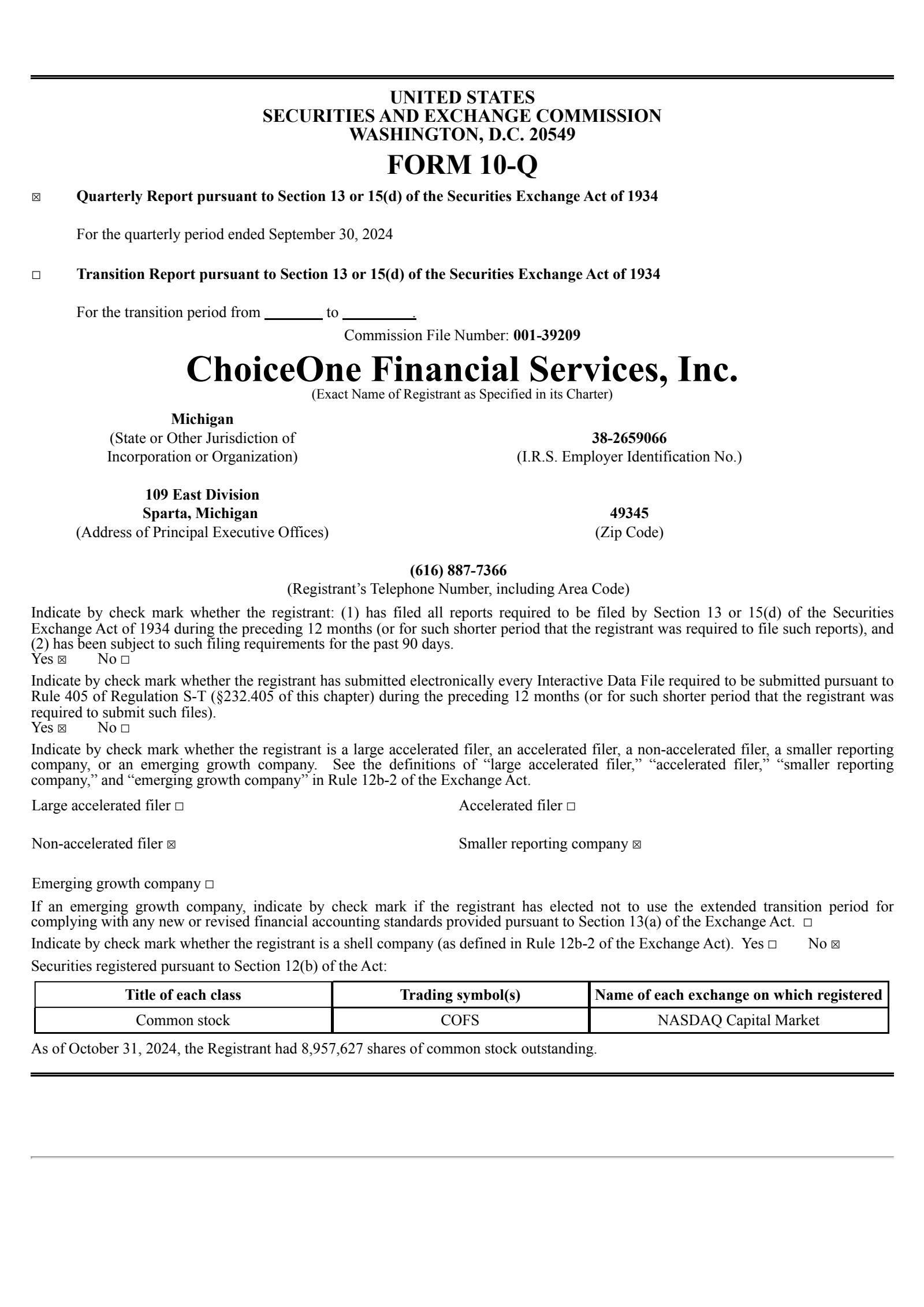 ChoiceOne Financial Services' Q3 2024 Quarterly report